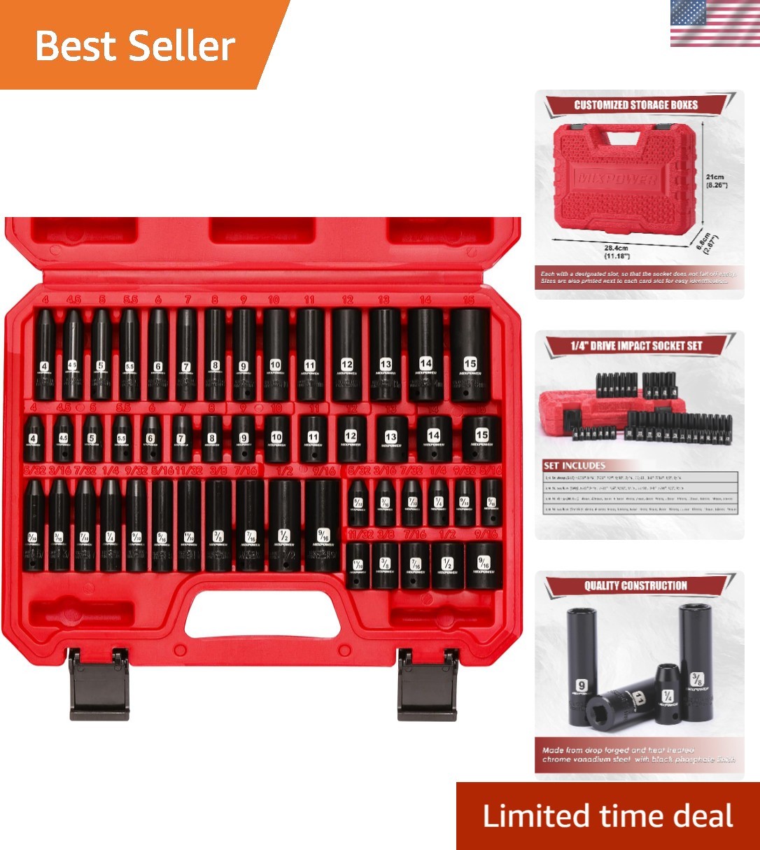 Comprehensive 50-Piece Chrome Vanadium Impact Socket Set – 5/32″ to 15mm Sizes