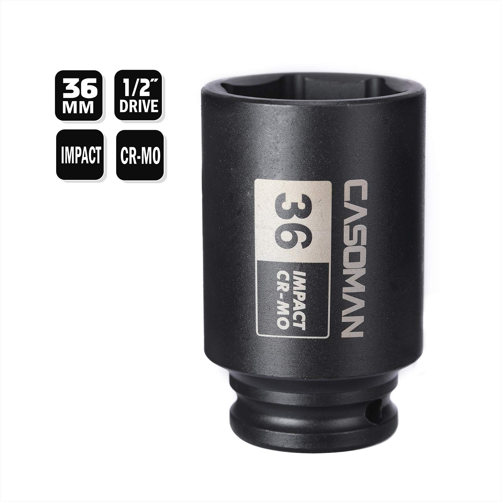 CASOMAN 1/2″ Drive x 36 mm Deep 6 PT Impact Socket, CR-MO, 1/2-inch Drive 6 Poin