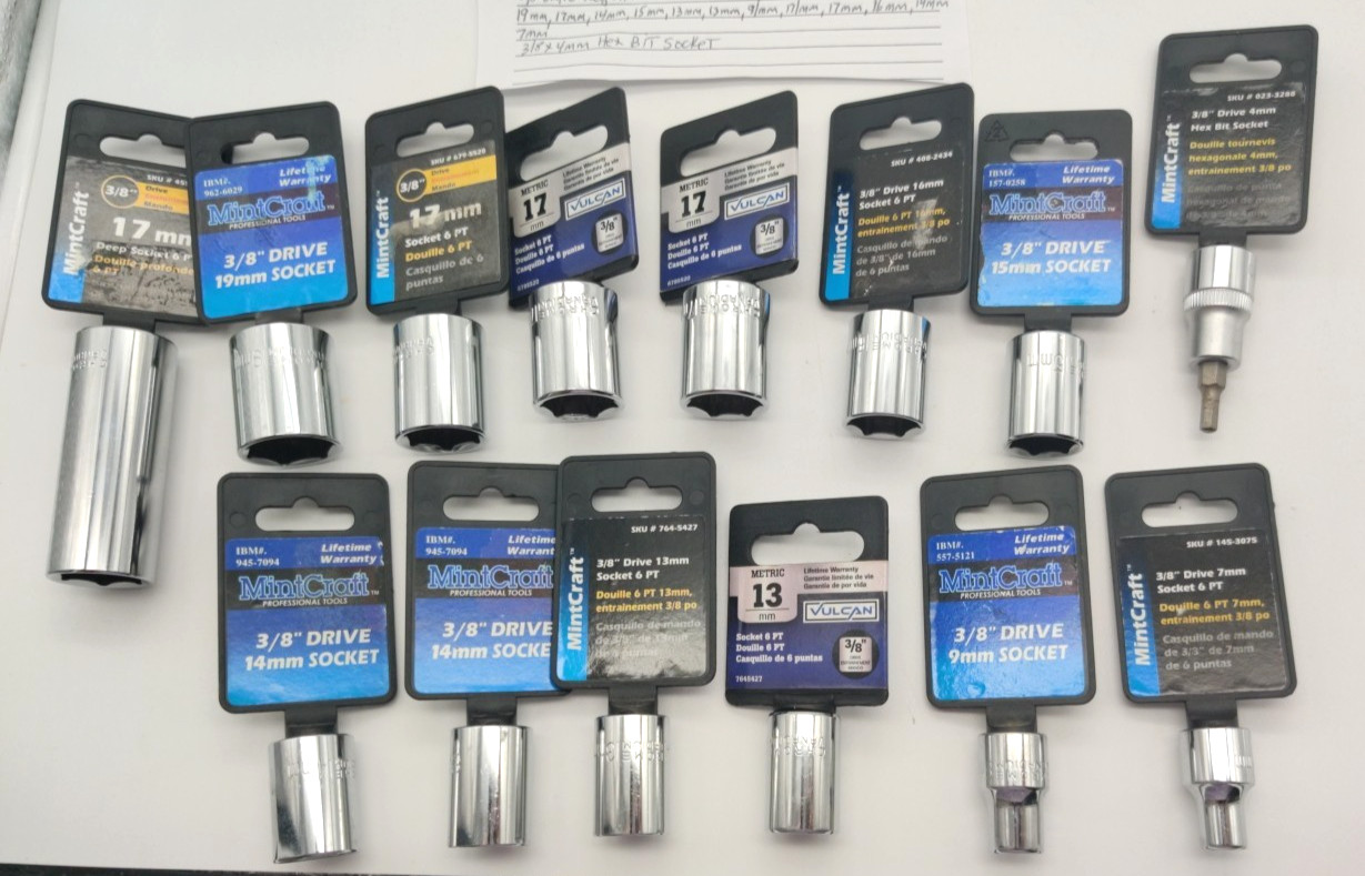 14pc Assorted Lot of 3/8″ Drive Sockets, Metric Deep Well, Regular and Hex Bit