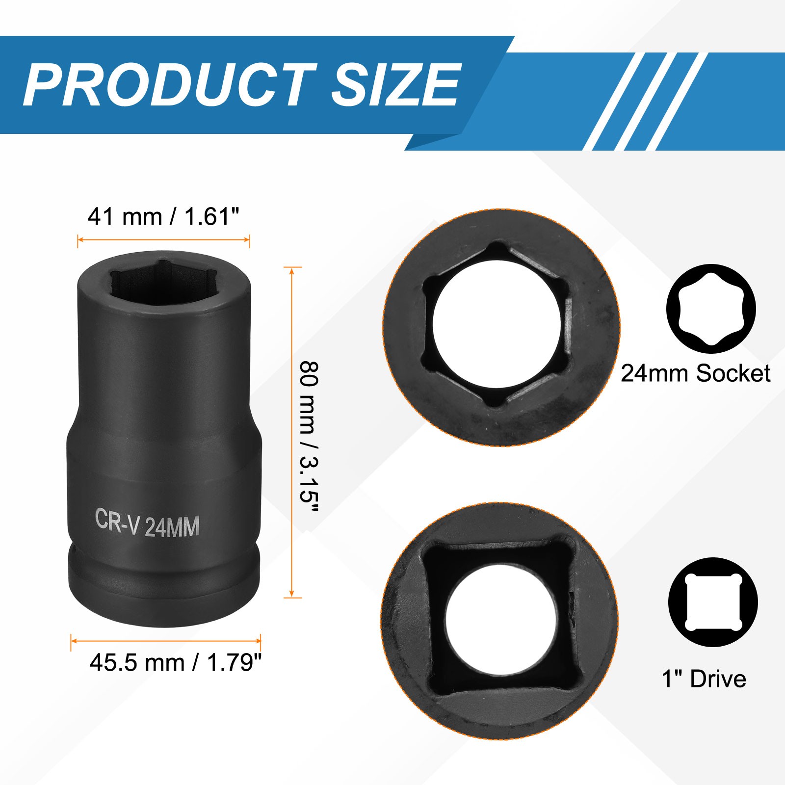 1 Inch Drive 24mm 6 Point Impact Socket Chromium Vanadium Steel