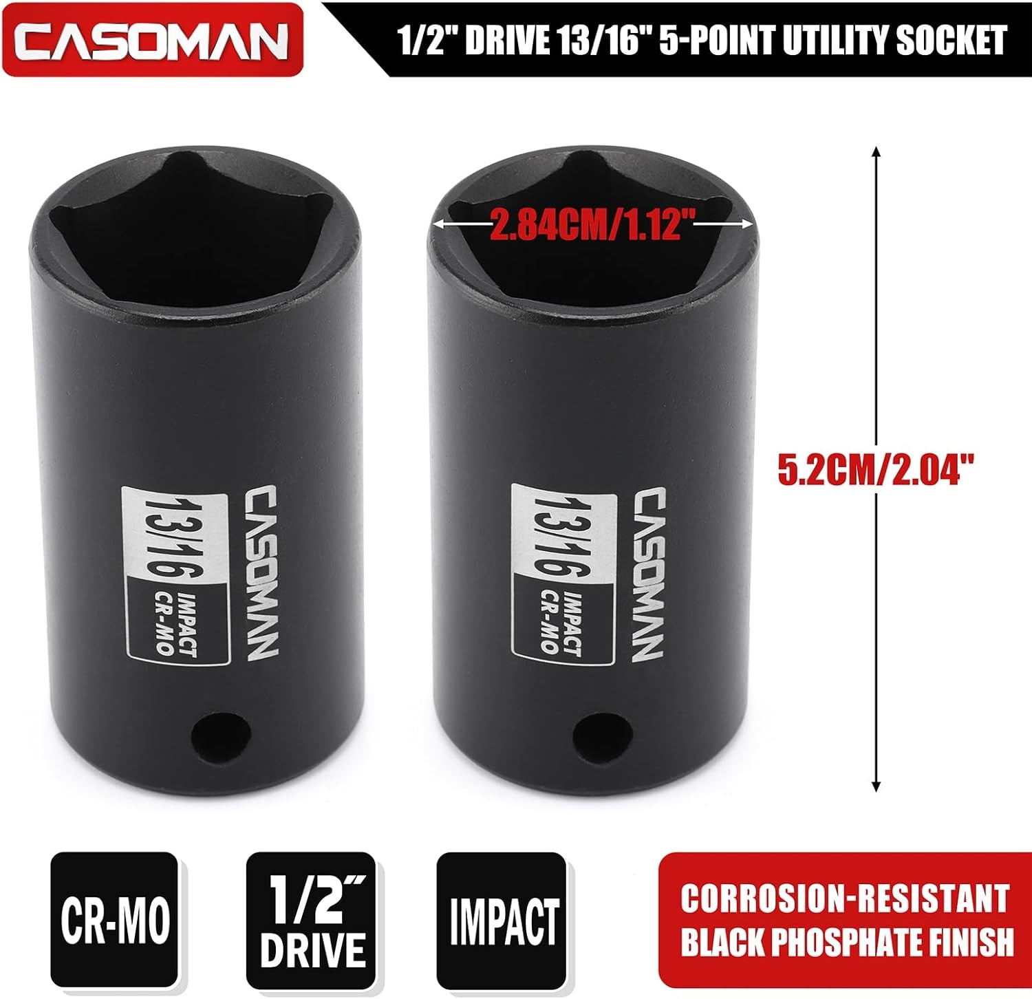 2PCS 1/2″ Drive 13/16″ Penta Sockets 5-Point Utility Socket CR-MO Removes