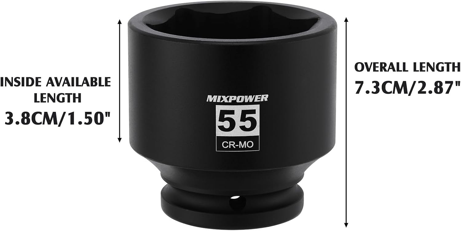 3/4 Inch Drive Shallow Impact Socket 55mm CR-MO Metric 6 Point Axle Nut Impact