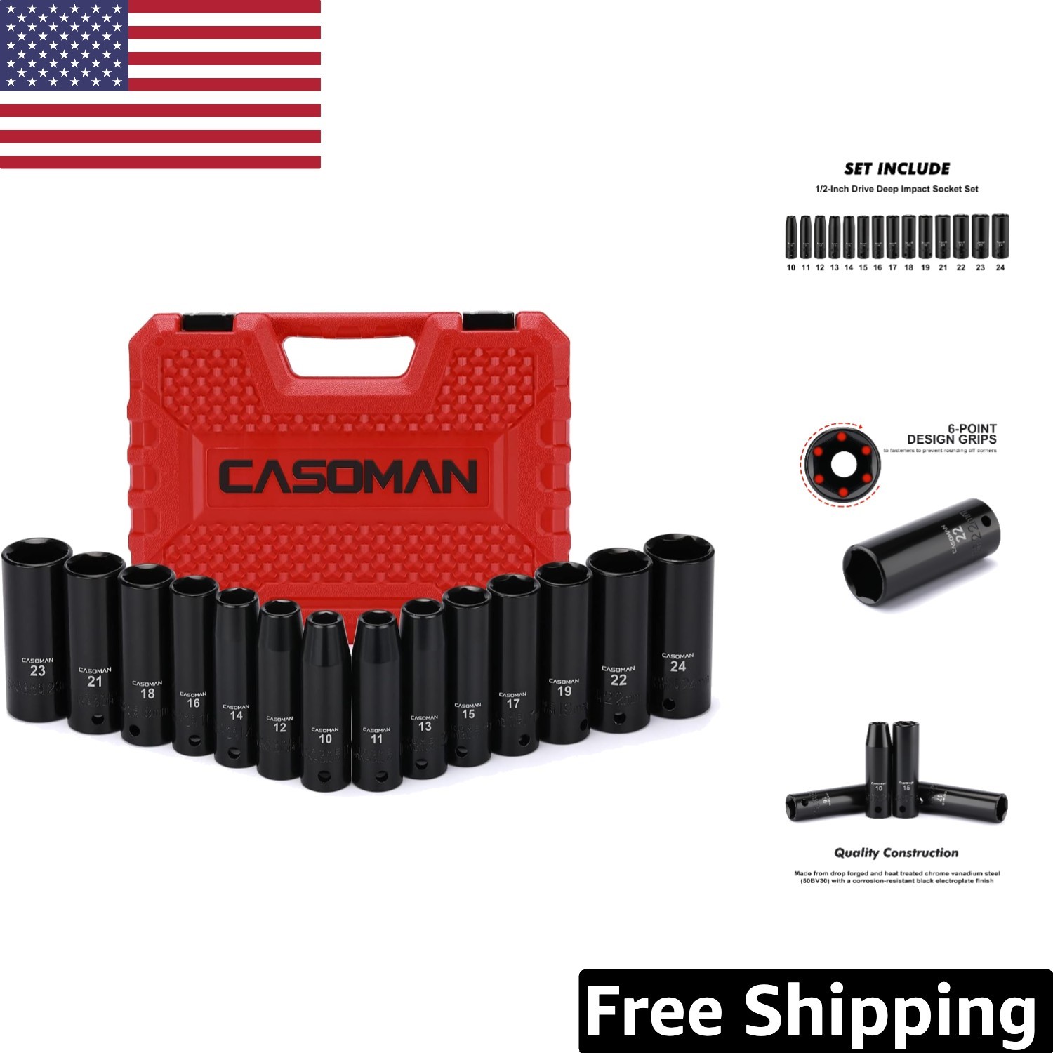1/2-Inch Drive Metric Impact Socket Set, 10-24mm, 14-Piece Cr-V, 6-Point