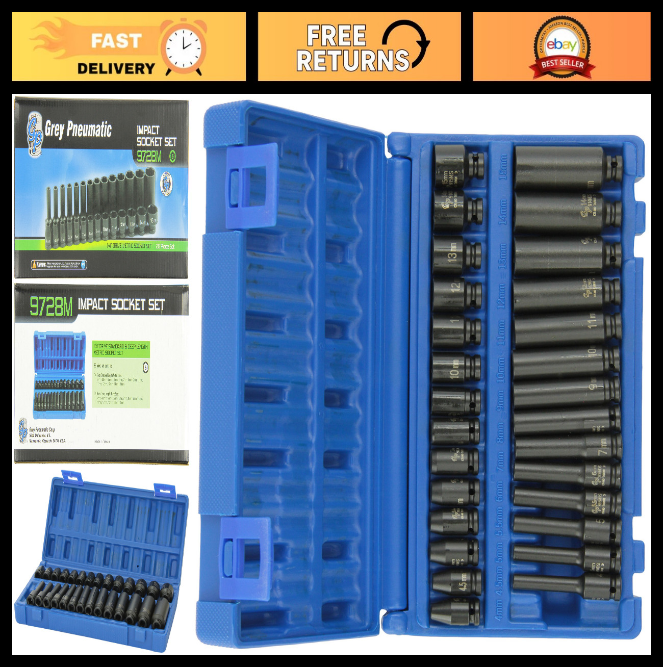 28-Piece Deep Length Metric Socket Set – 1/4″ Drive, Grey Pneumatic Compatible
