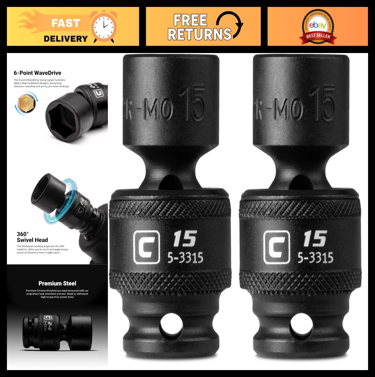 15mm Universal Impact Socket Set, 3/8″ Drive, 6-Point, Metric, Pack of 2