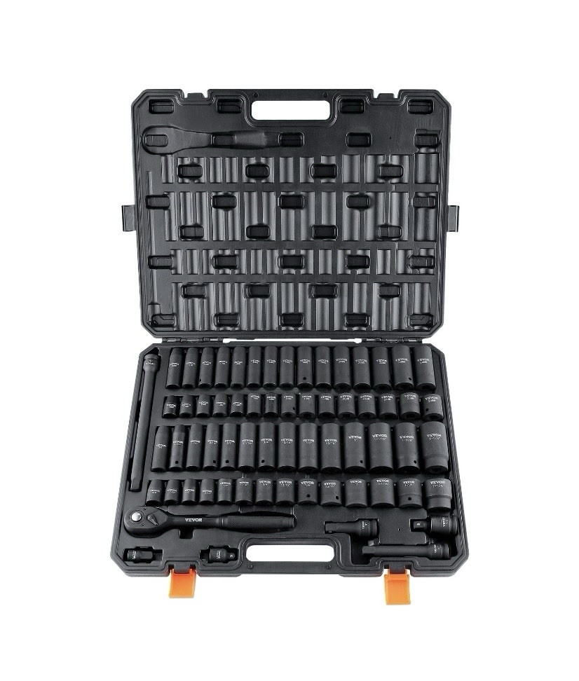 New VEVOR Impact Sockets Set 65pcs 6-Point 1/2in Drive Bit Ratchet Tool Kit Case