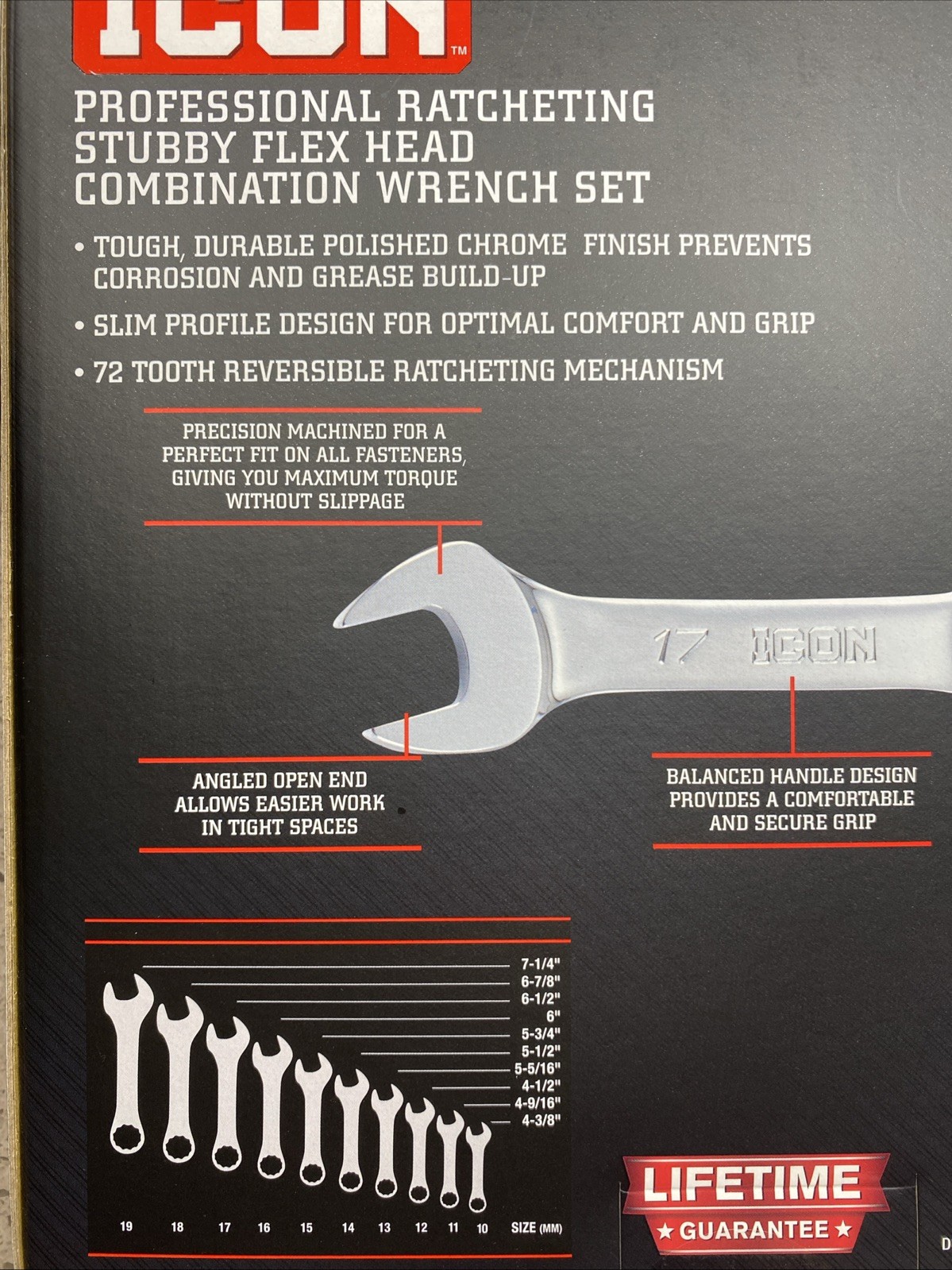 ICON WRSTFM-10 10 Piece Ratcheting Stubby Flex Head Wrench 10-19mm METRIC 57492