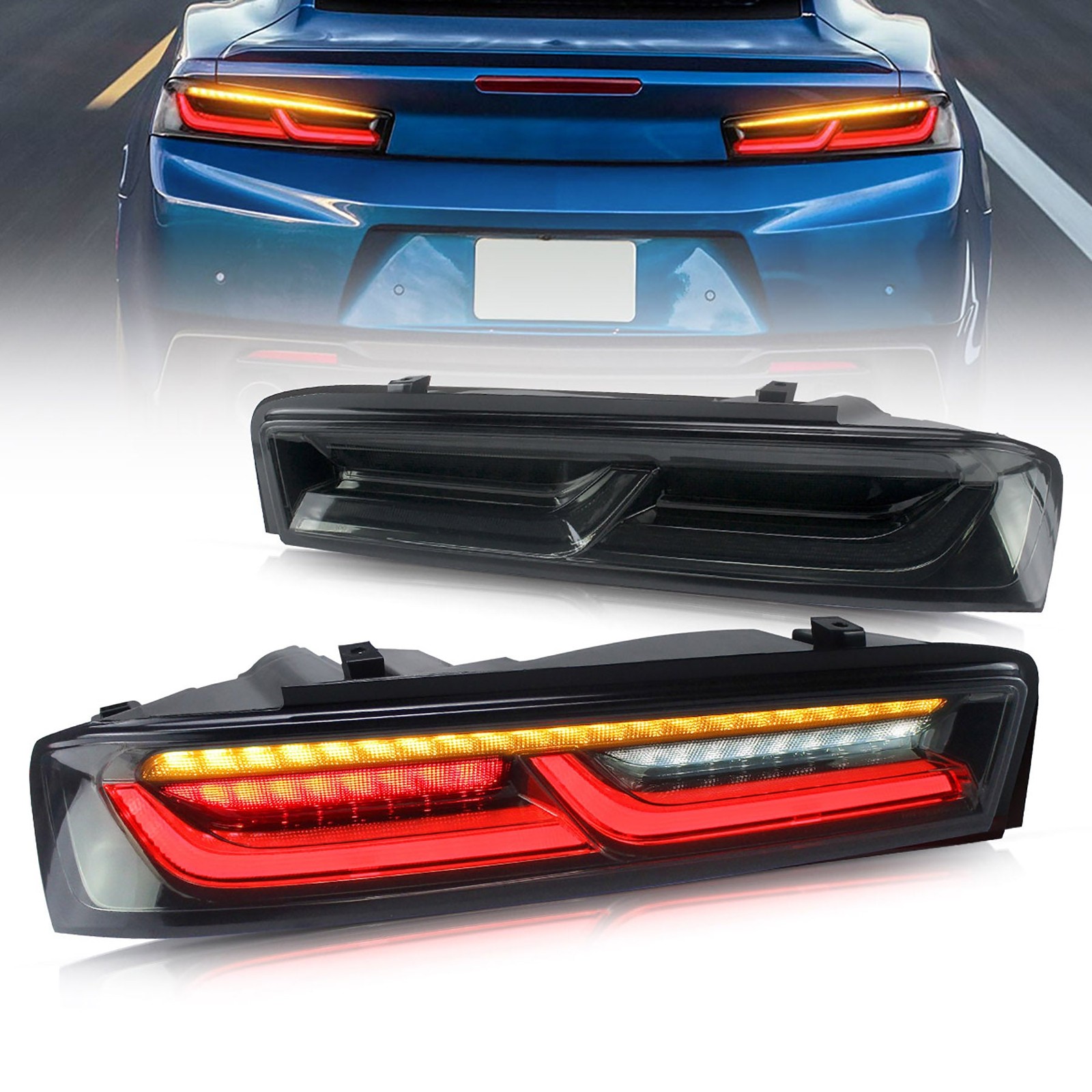 VLAND LED Tail Lights For Chevy Camaro 2016-2018 DRL FULL Smoked Rear Lights US