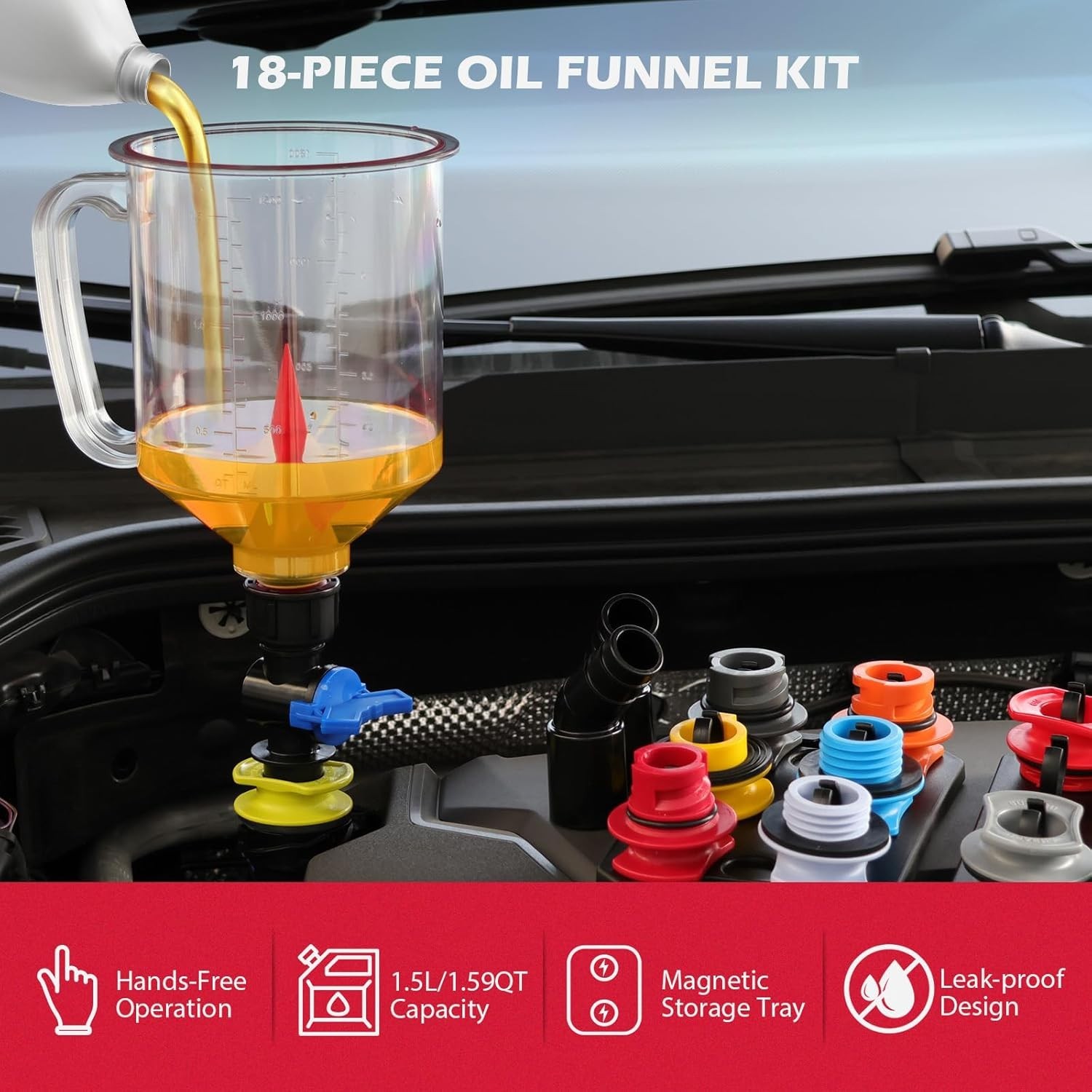 18-Piece Automotive Engine Oil Funnel Kit 1.5L 12 Adapters 2 Magnetic Trays