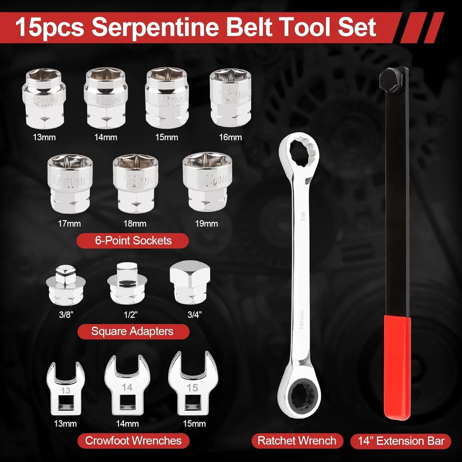 15PCS Timing Belt Tool Kit, Professional Ratchet Timing Belt Tensioner Tool