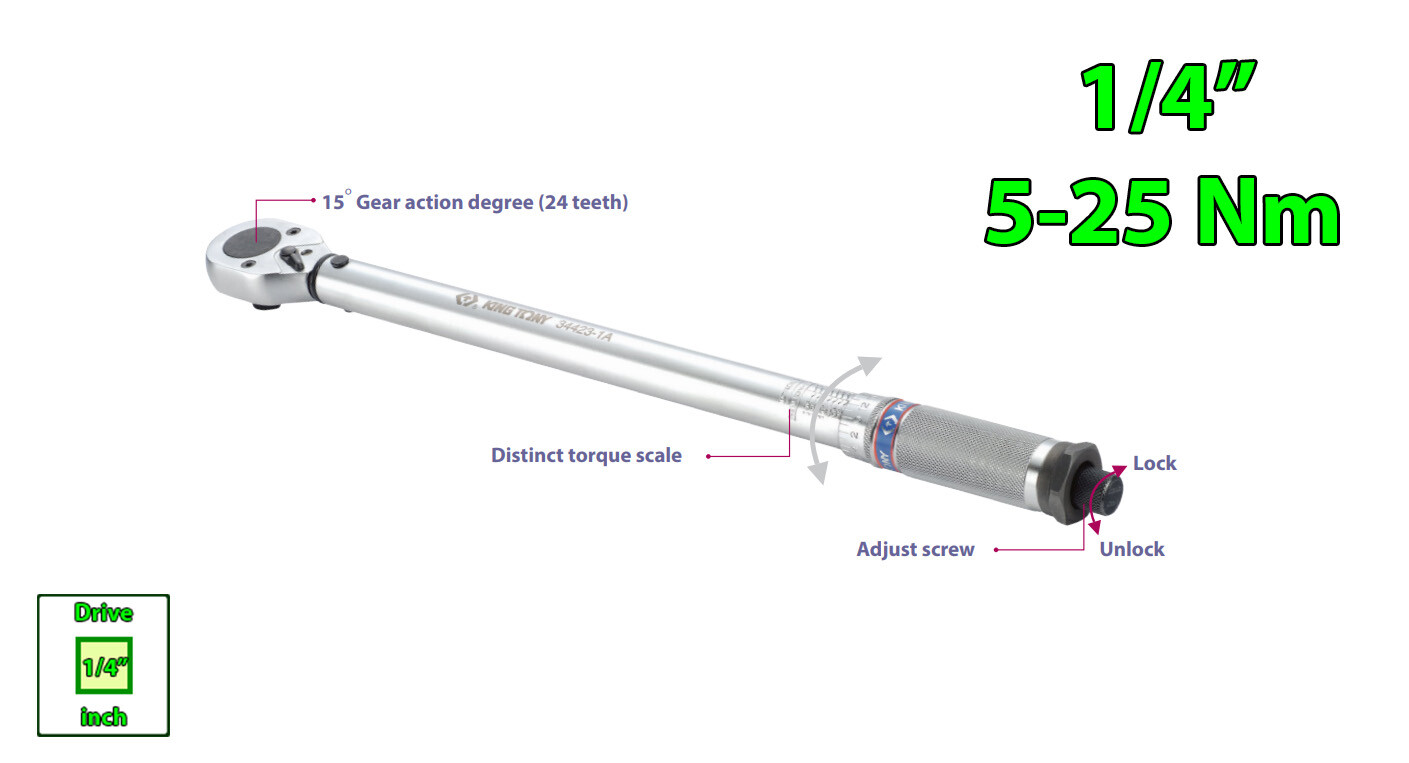 1/4″ Adjustable Torque Wrench (Newton Meter & Kilogram) 5-25 Nm KING TONY 280mm
