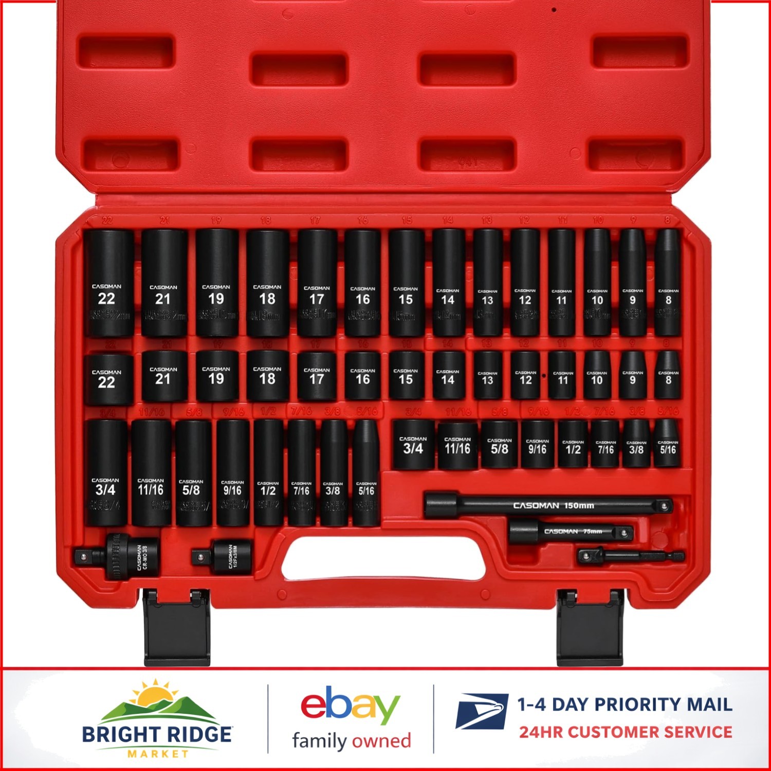 49-Piece Impact Socket Set with SAE and Metric Sizes in Chrome Vanadium Steel
