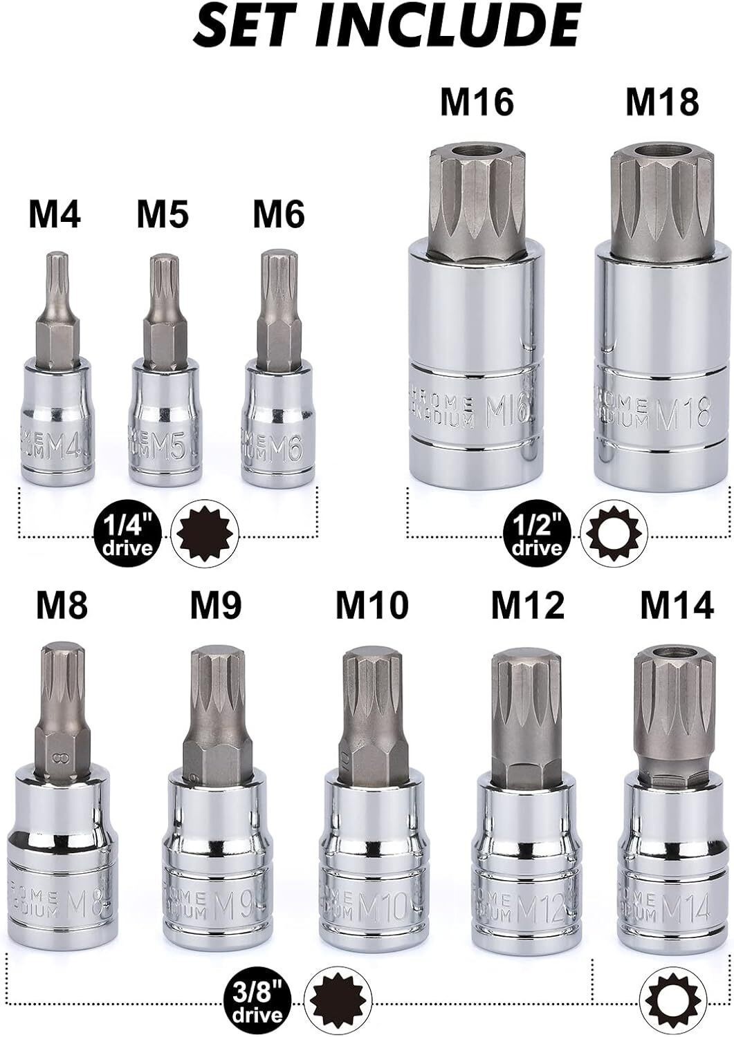 10 in 1 XZN 12 Point MM Triple Square Socket Spline Bit Set 1/2″ 1/4″ 3/8″ Drive