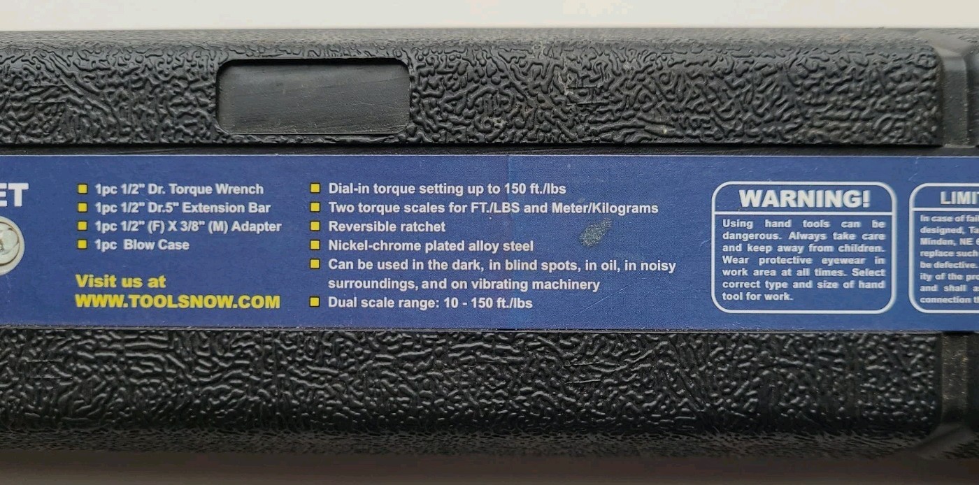 Ram Tools 1/2 Drive Ratcheting Head Micrometer Torque Wrench 10-150 Ft Lbs