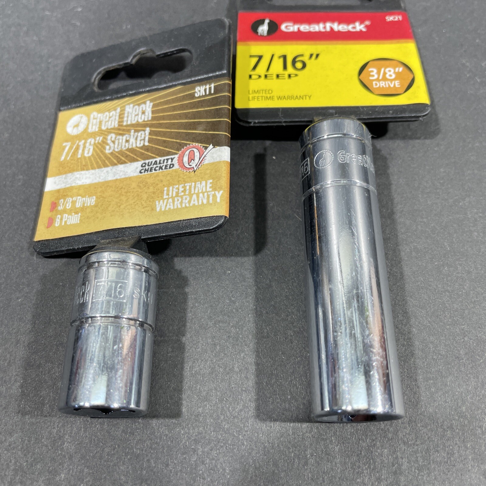 2- 7/16” Great Neck 3/8” Drive 6 Point Sockets, Deep & Shallow, Free US Ship