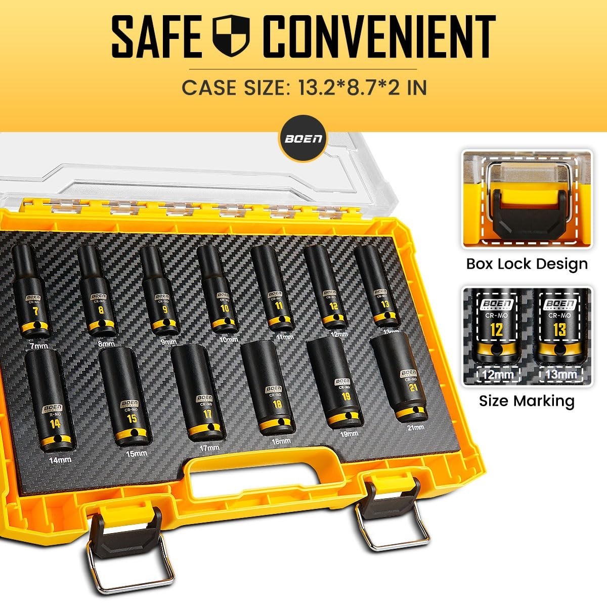 13PCS 3/8″ Drive Metric Socket Set, 7mm-21mm Impact Deep Sockets, 6-Point, CR-MO