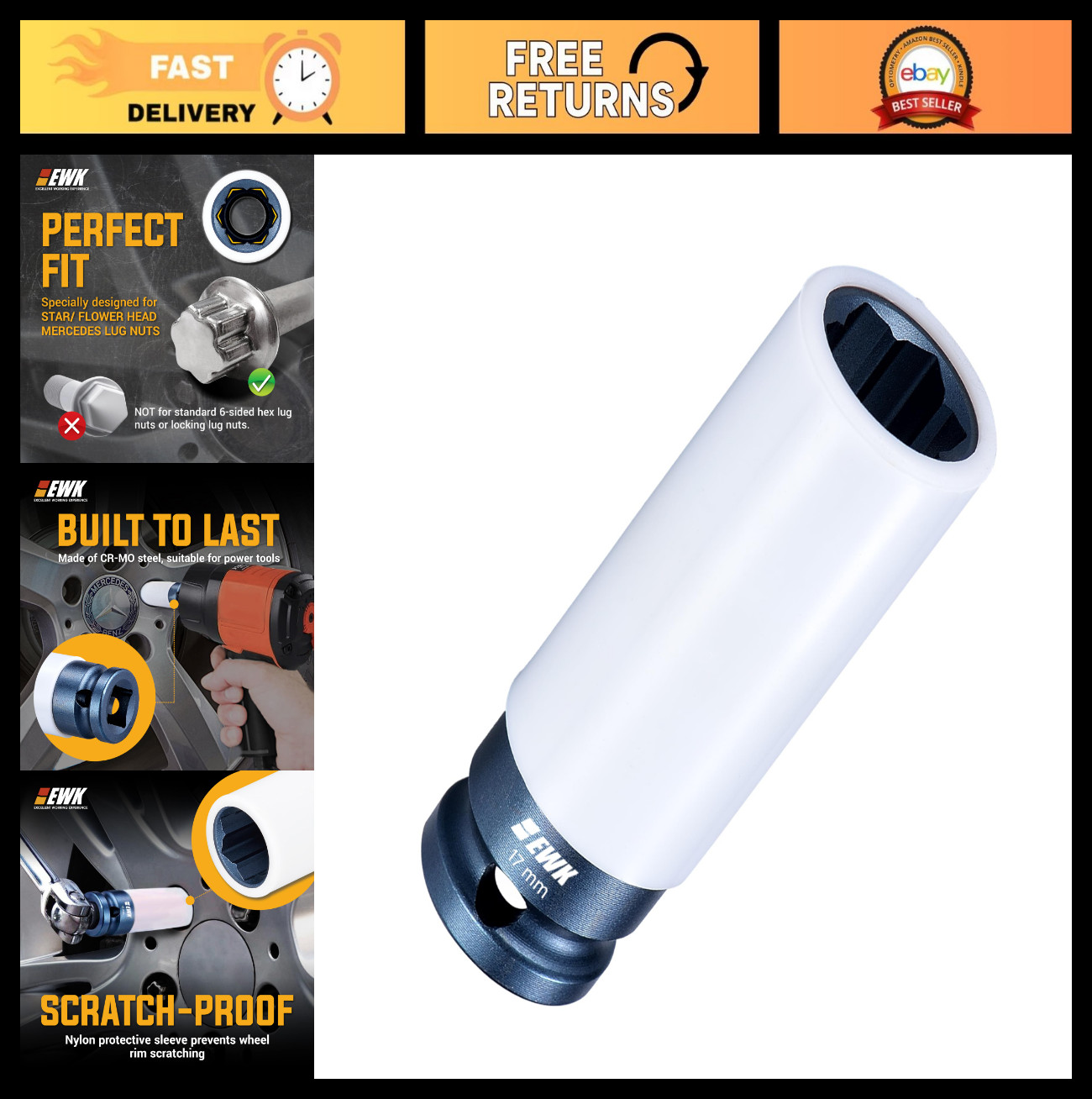 17mm Protective Lug Nut Socket for Mercedes, Non-Marring Metric Tool, Convex Hea