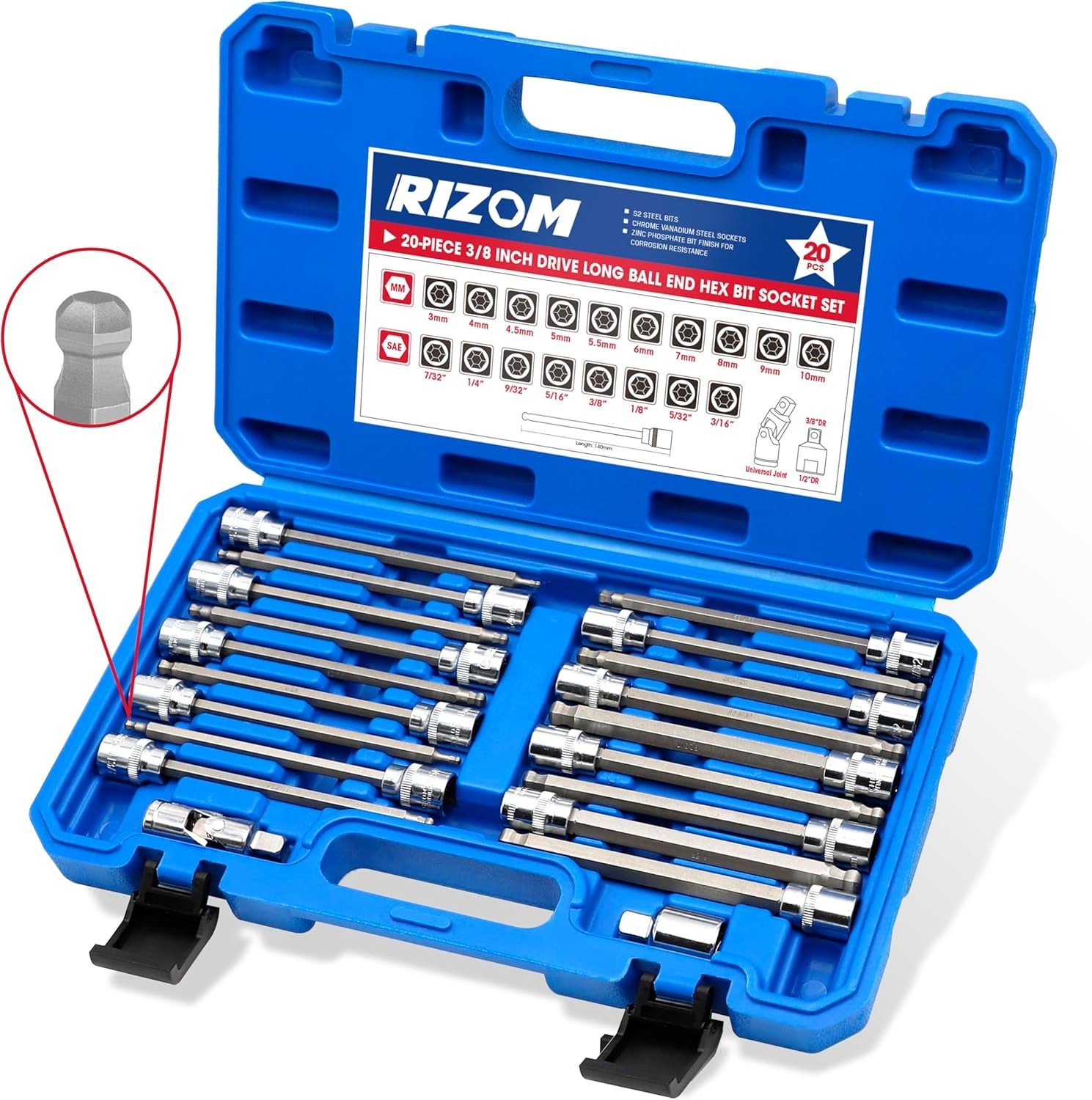 20-Piece Long Ball End Hex Bit Socket Set SAE & Metric 3/8 Inch Drive