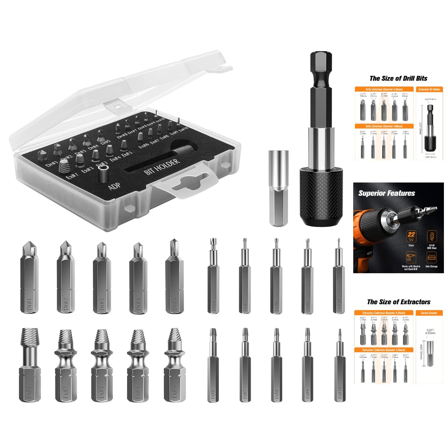 High-Speed Steel 22-Piece Damaged Screw Extractor Kit with Magnetic Holder