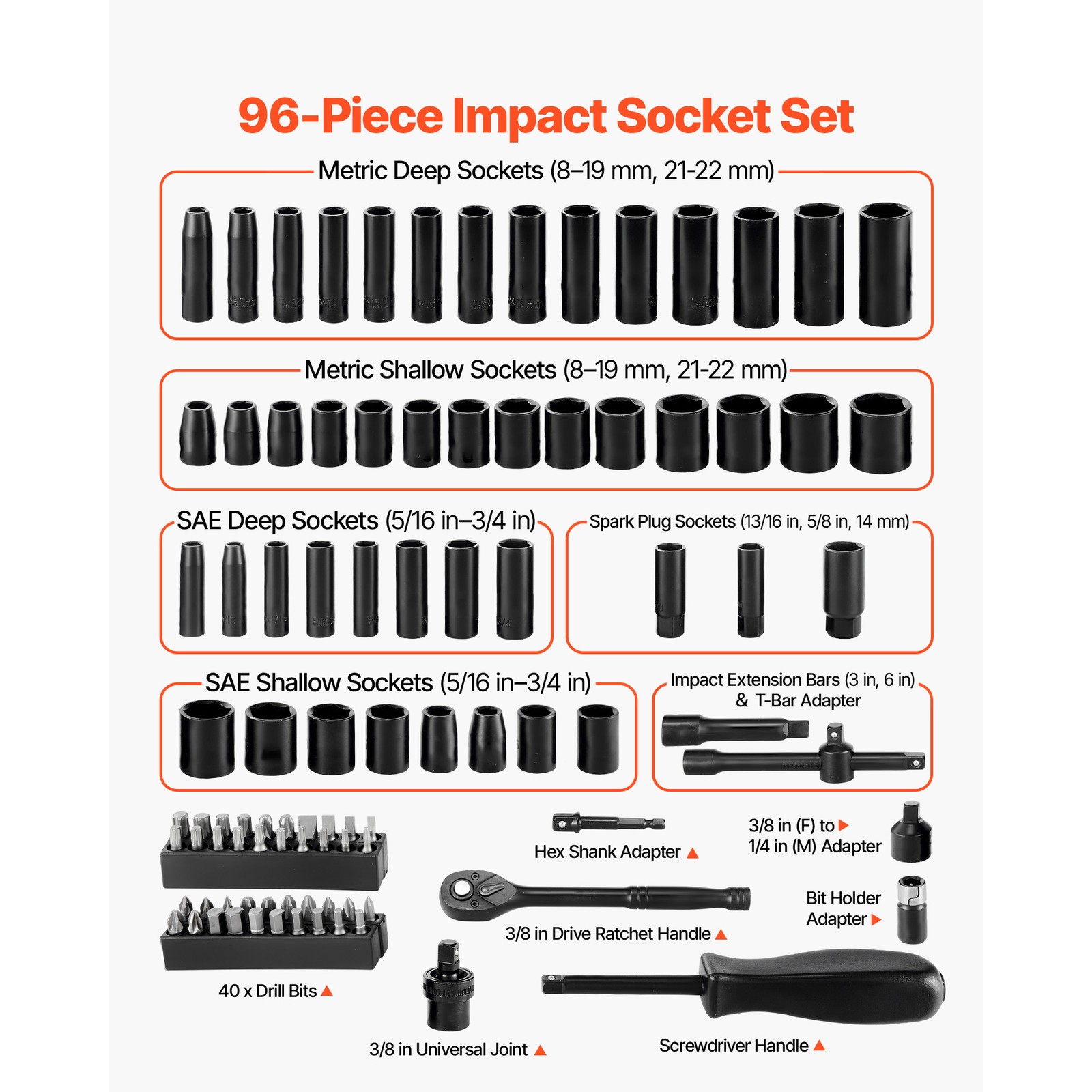 Uimoso 96-Piece 3/8 in Drive Impact Socket Set SAE 5/16-3/4 in Metric 8-22 mm