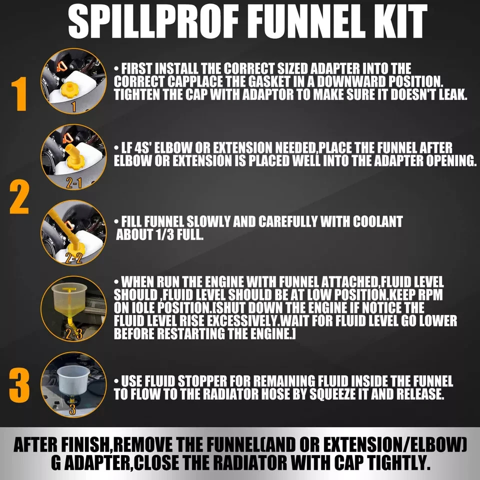 Spill Proof Radiator Coolant Filling Funnel Kit 15-pcs Cooling System fill kit