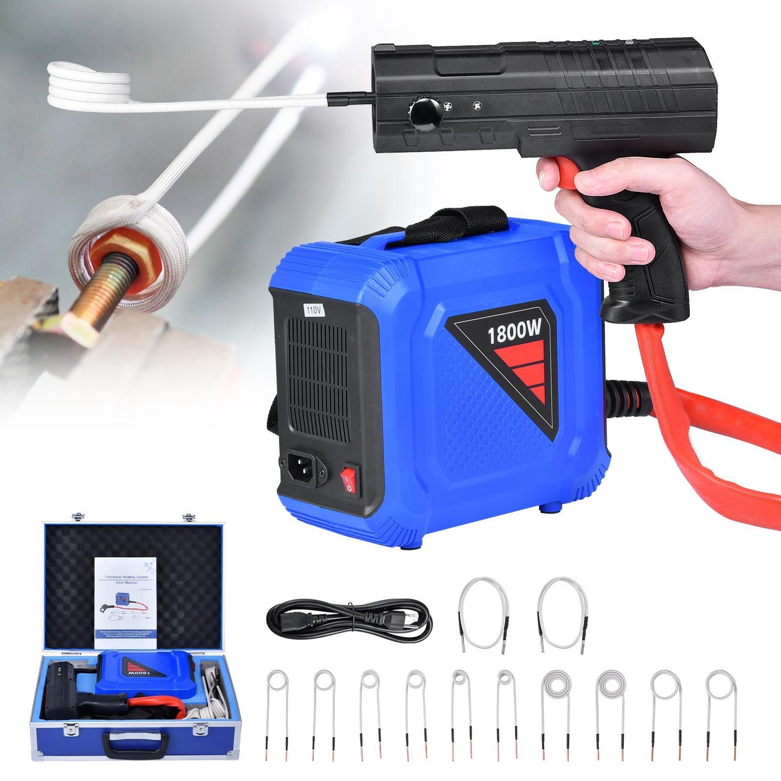 1800W Magnetic Induction Heater Kit No Open Flame Nut Bolt Heat Tool w/ 12 Coils