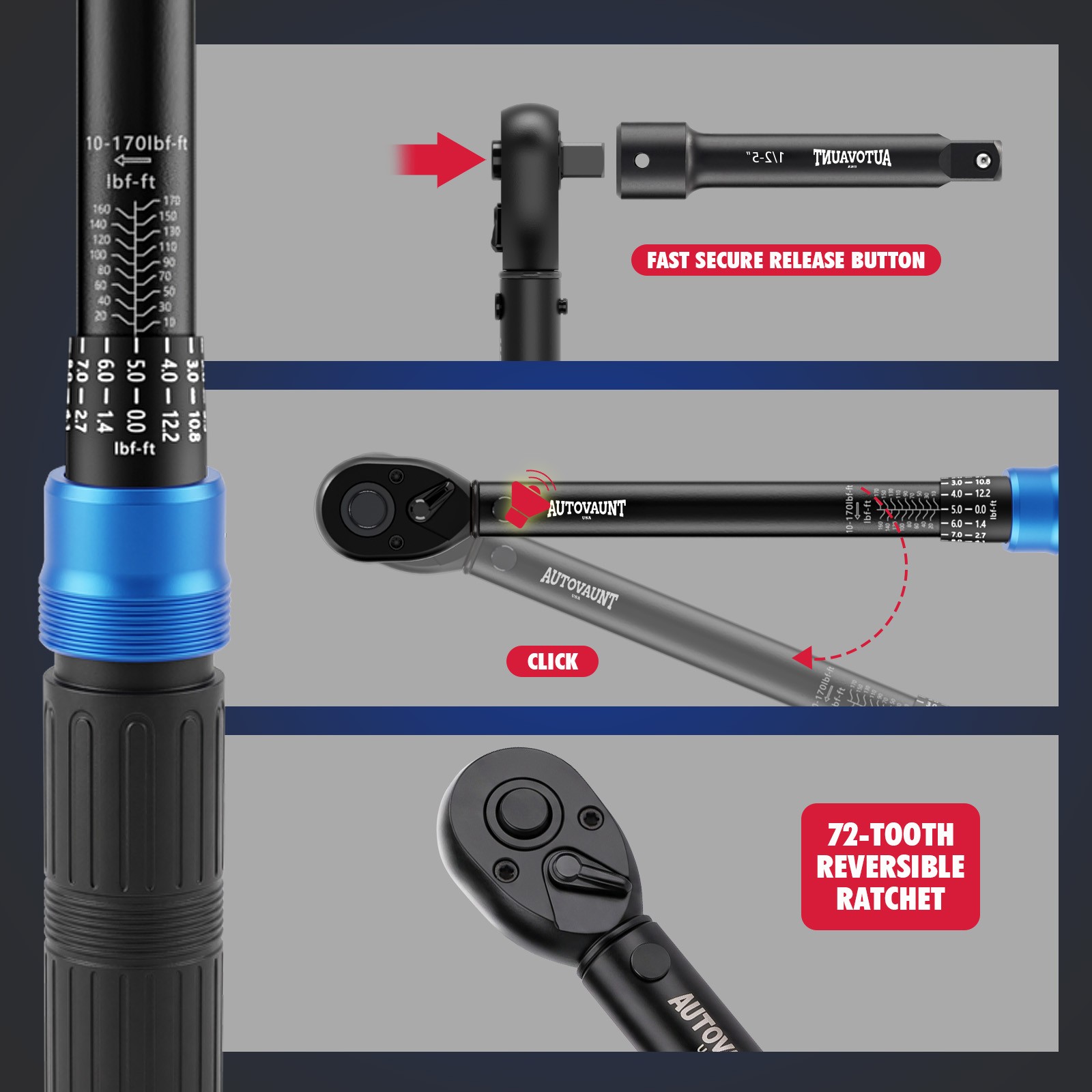 1/2″ Drive Click Torque Wrench Snap Socket Ratcheting 10~150 FT-LB/13.6~203.5N-M