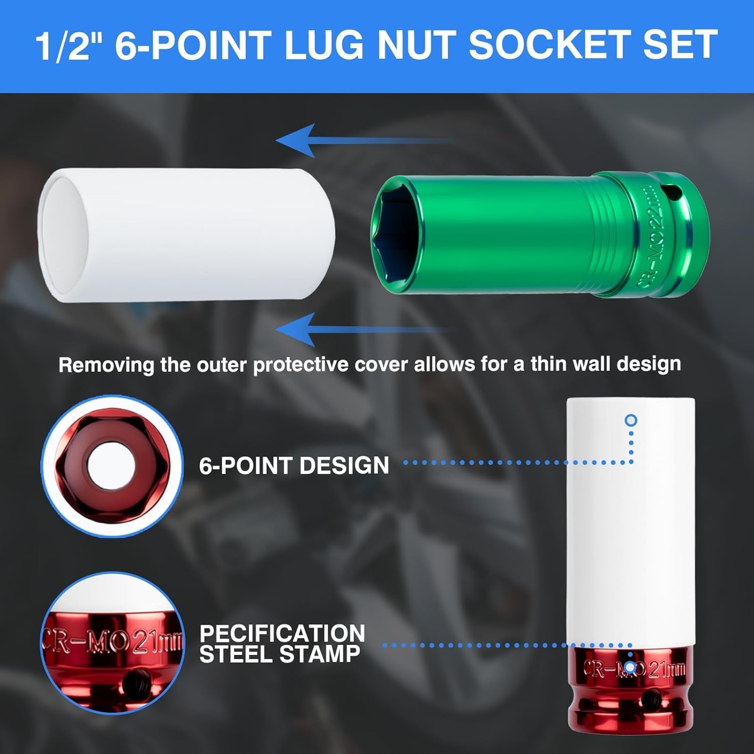 1/2″ Drive Non-Marring Impact Socket Set – 4 PC Color-Coded CR-MO Deep Sockets