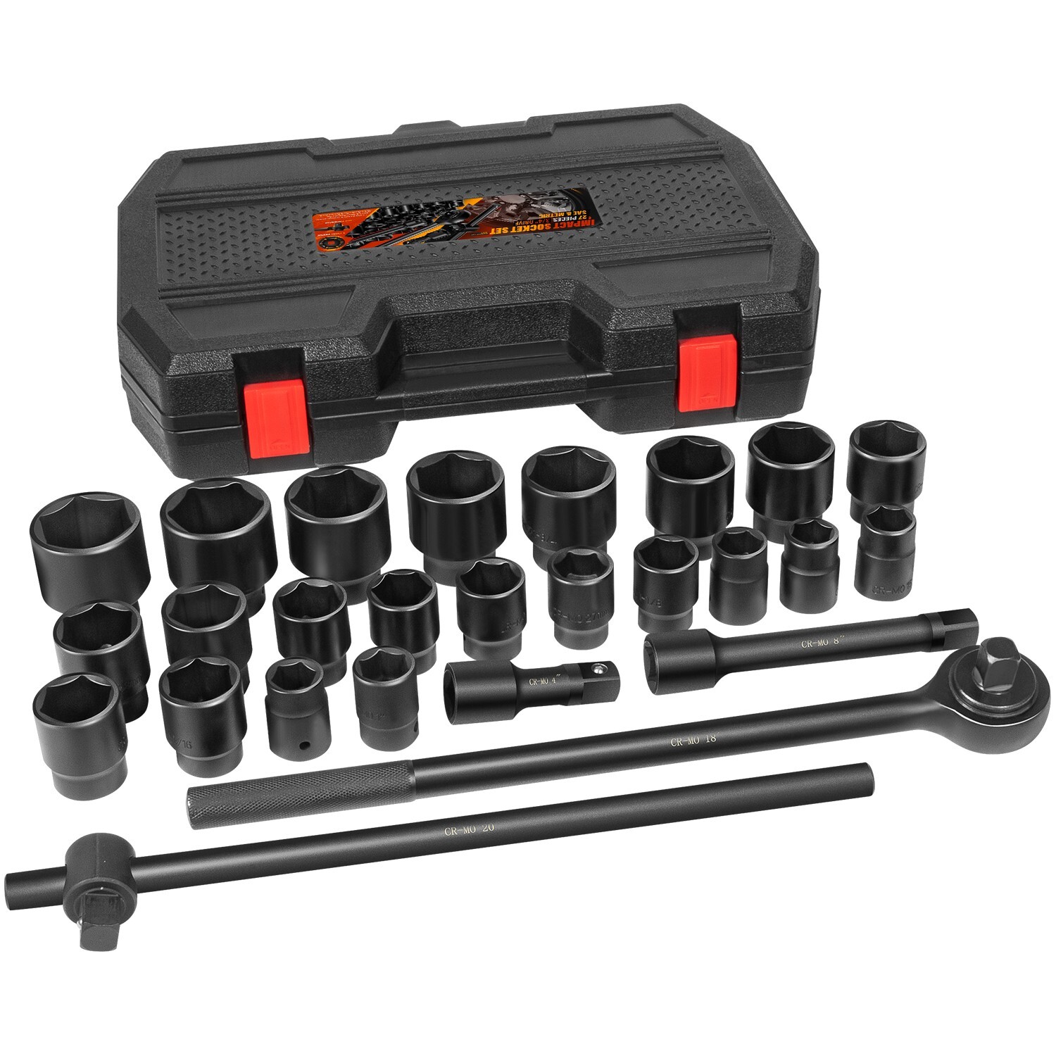 27PCS 02499A 3/4″ Drive Impact Socket Set SAE (7/8″ to 2″) Metric (22-50mm) Size
