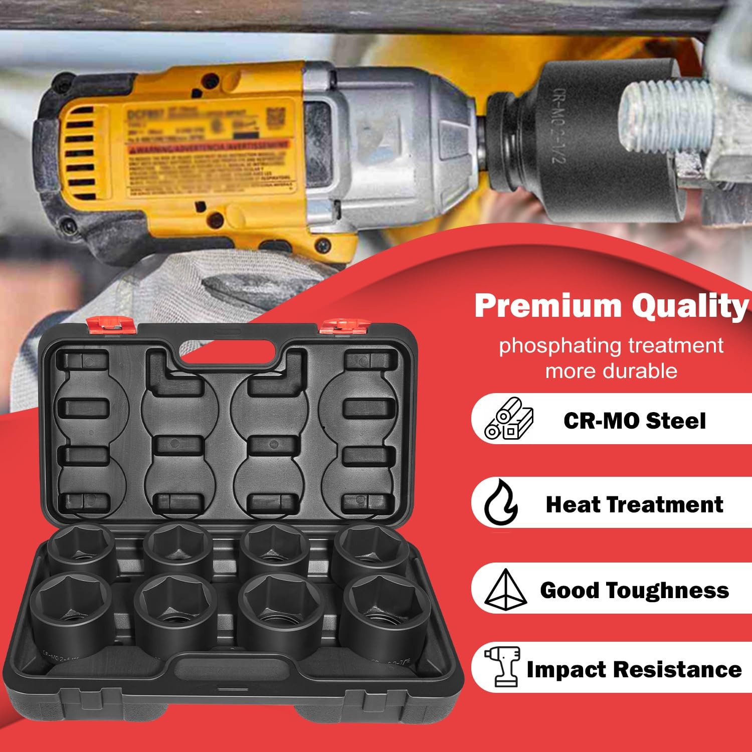 8Pc 3/4Inch Drive Jumbo Deep Large Impact Socket Set 6 Point SAE 2-1/16 to 2-1/2