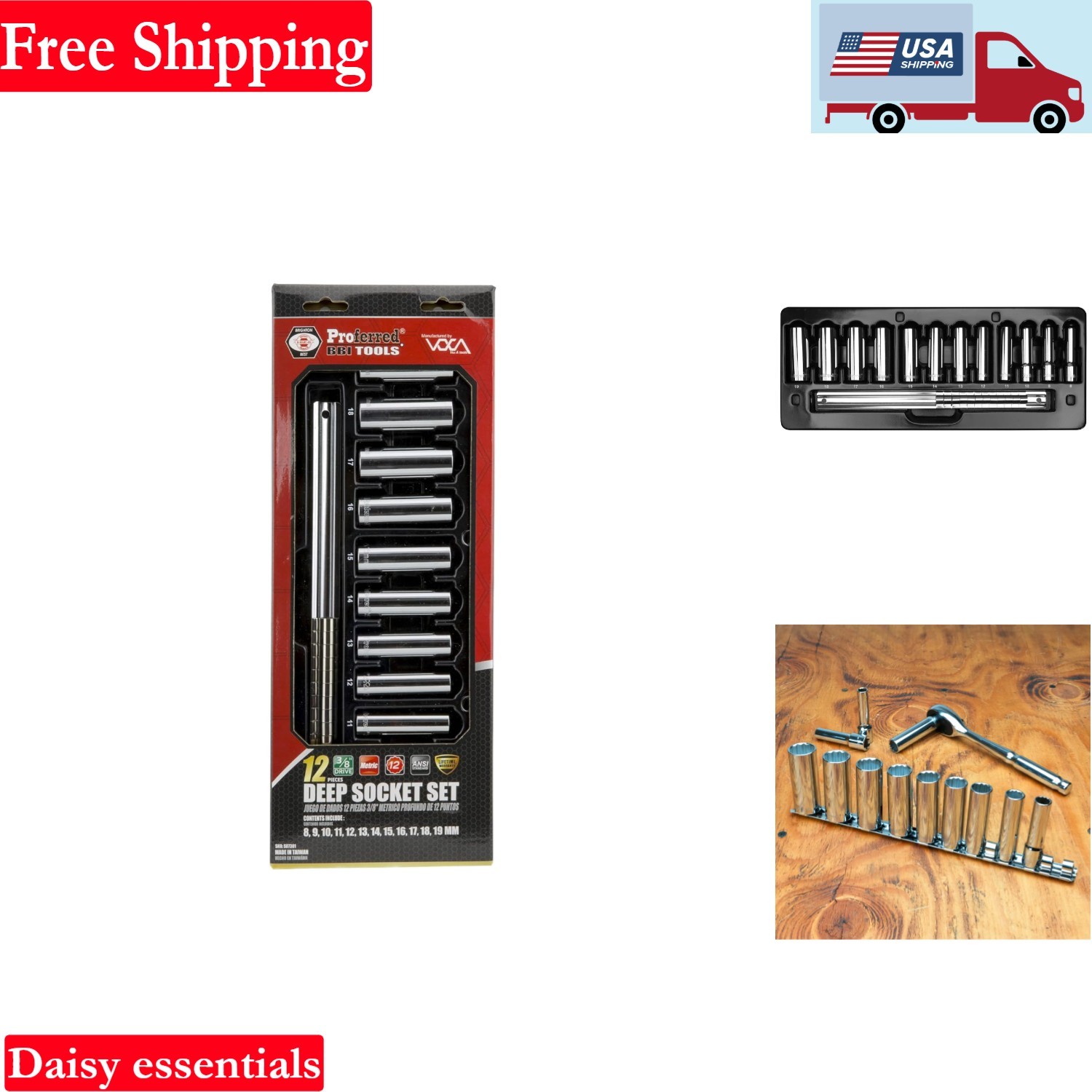 3/8 Inch Drive Metric Socket Set 12 Pieces Deep Chrome Steel Tool Kit