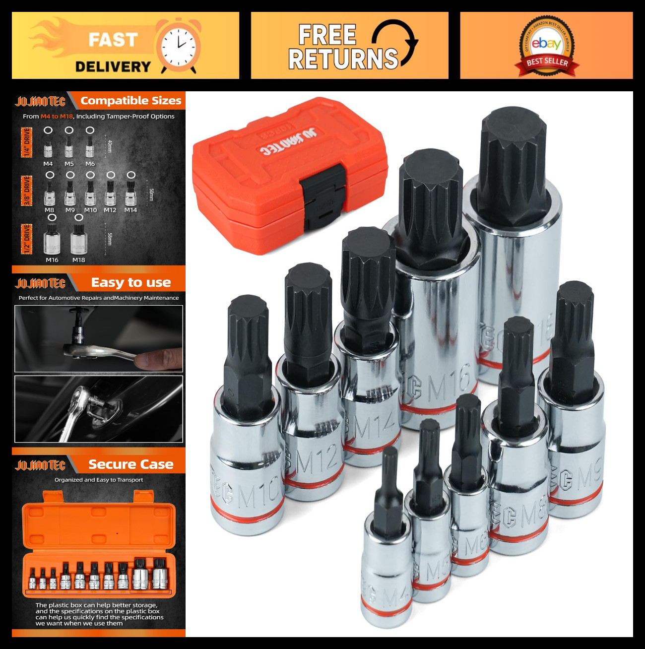 10-Piece Triple Square Spline Bit Socket Set, Metric M4-M18, Chrome Vanadium, Ca