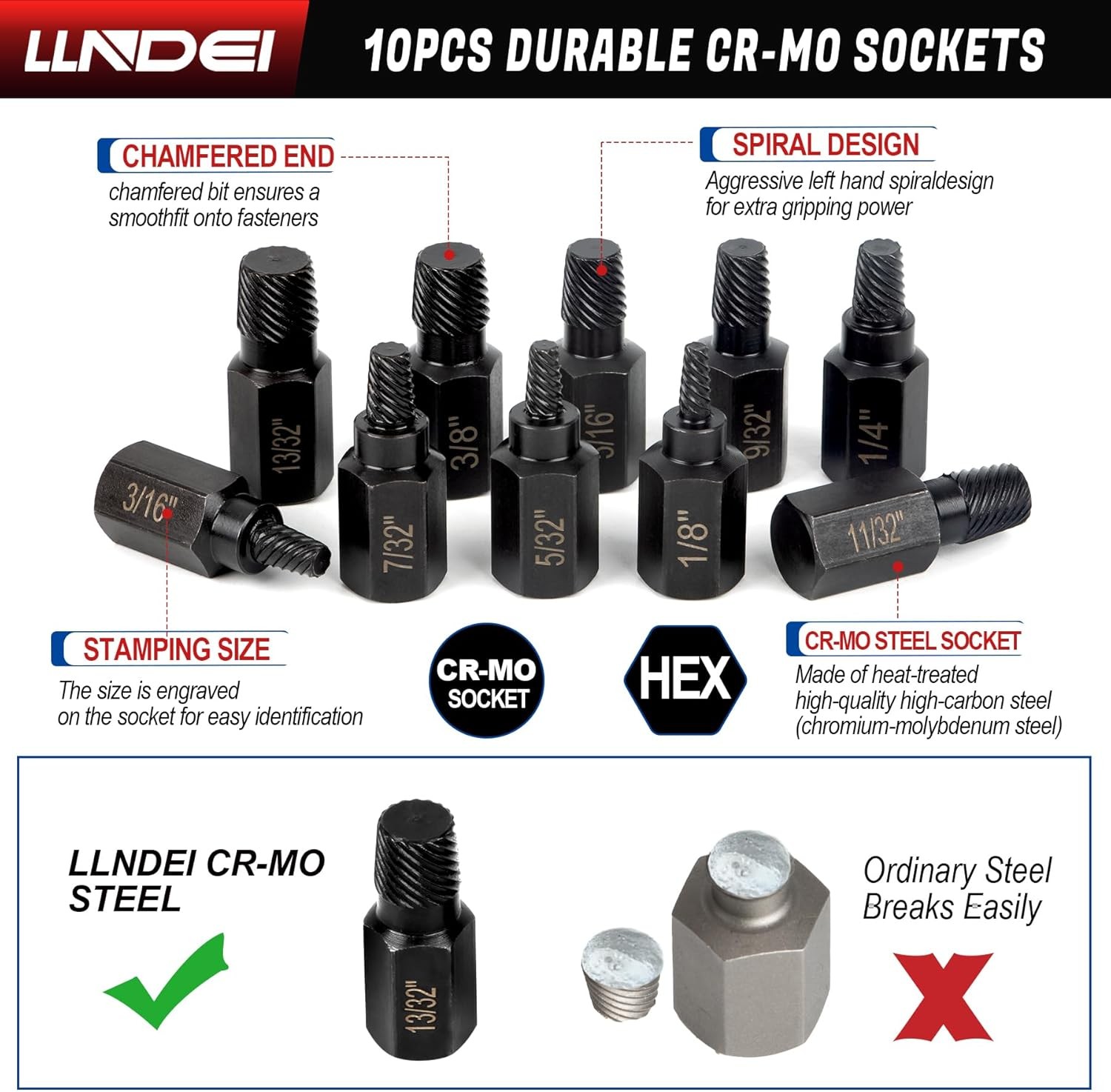 LLNDEI Screw Extractor Set, Hex Head Easy Out Set -10pcs