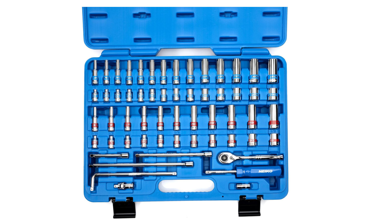 Neiko 1/4″ Ratchet & 58-Piece Socket Set, Chrome Vanadium Steel, Multi-color.