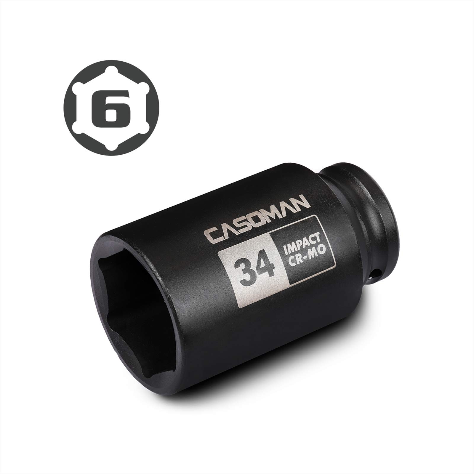 CASOMAN 1/2″ Drive x 34 mm Deep 6 PT Impact Socket, CR-MO, 34 (Deep)