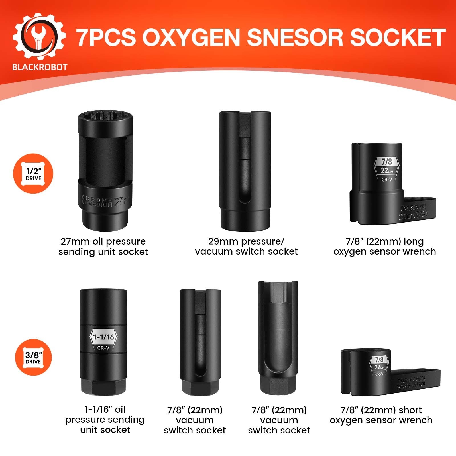 7PCS Oxygen Sensor Socket, 3/8″ & 1/2″ Drive 7/8″ (22mm), 27mm, 29mm Socket Set