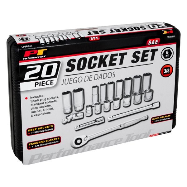 Performance Tool 3/8″ Drive SAE Ratchet & Socket Set, 20 Pieces