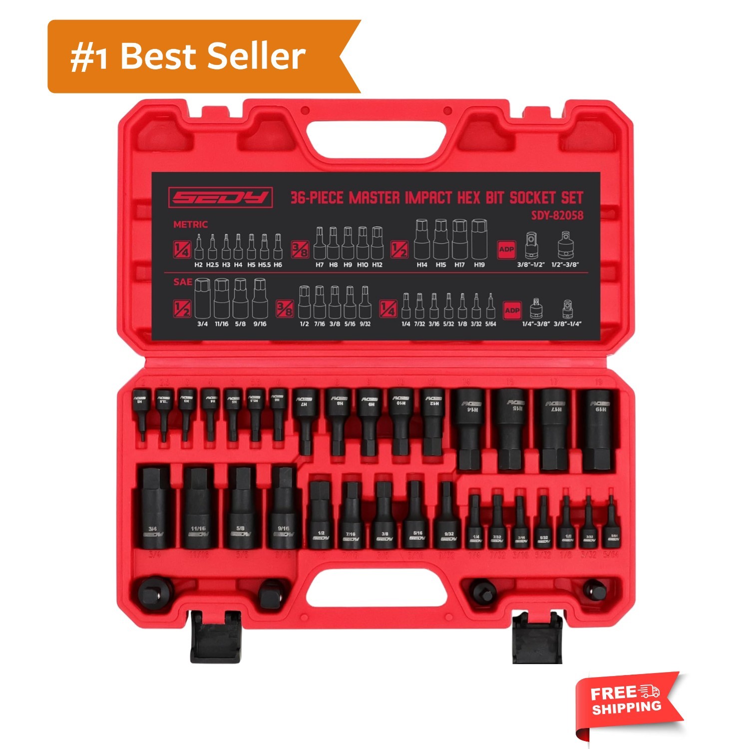Hex Bit Impact Socket Set: 36-Piece with 4 Adapters, 1/4″ 3/8″ 1/2″ Drive Mas…