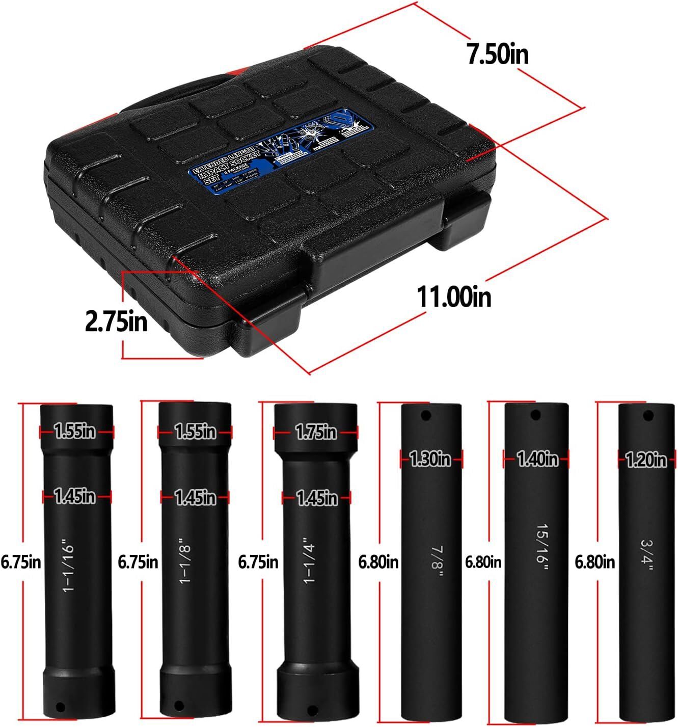 6Pcs 1/2» Drive Extended Length Extra-Deep Length Impact Socket Set Heavy Duty