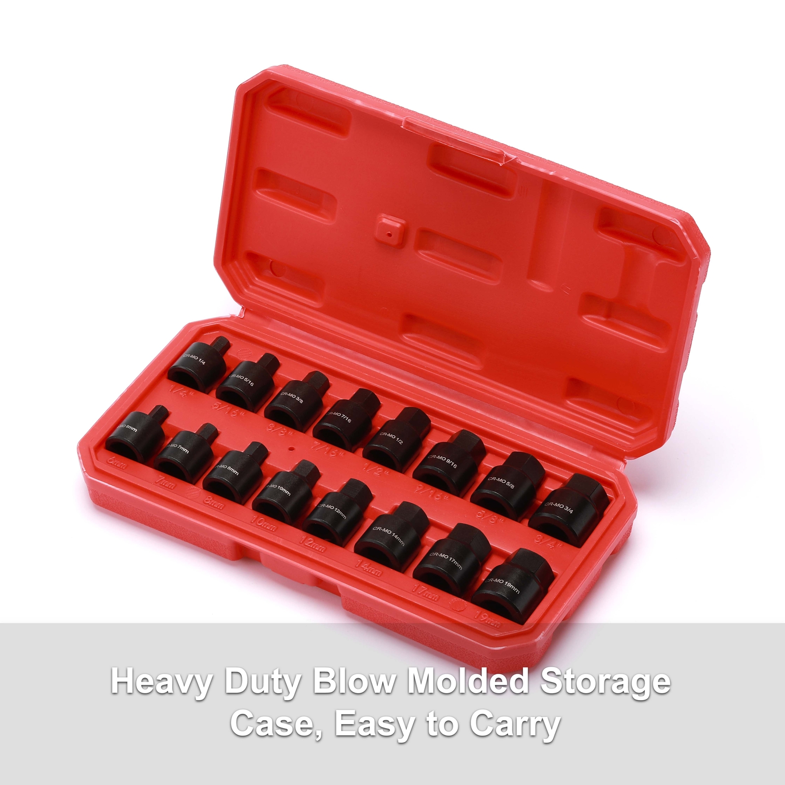 16 Pcs 3/8 Inch Drive Low Profile Impact Hex Driver Set Cr-Mo 1/4″-3/4″ 6mm-19mm