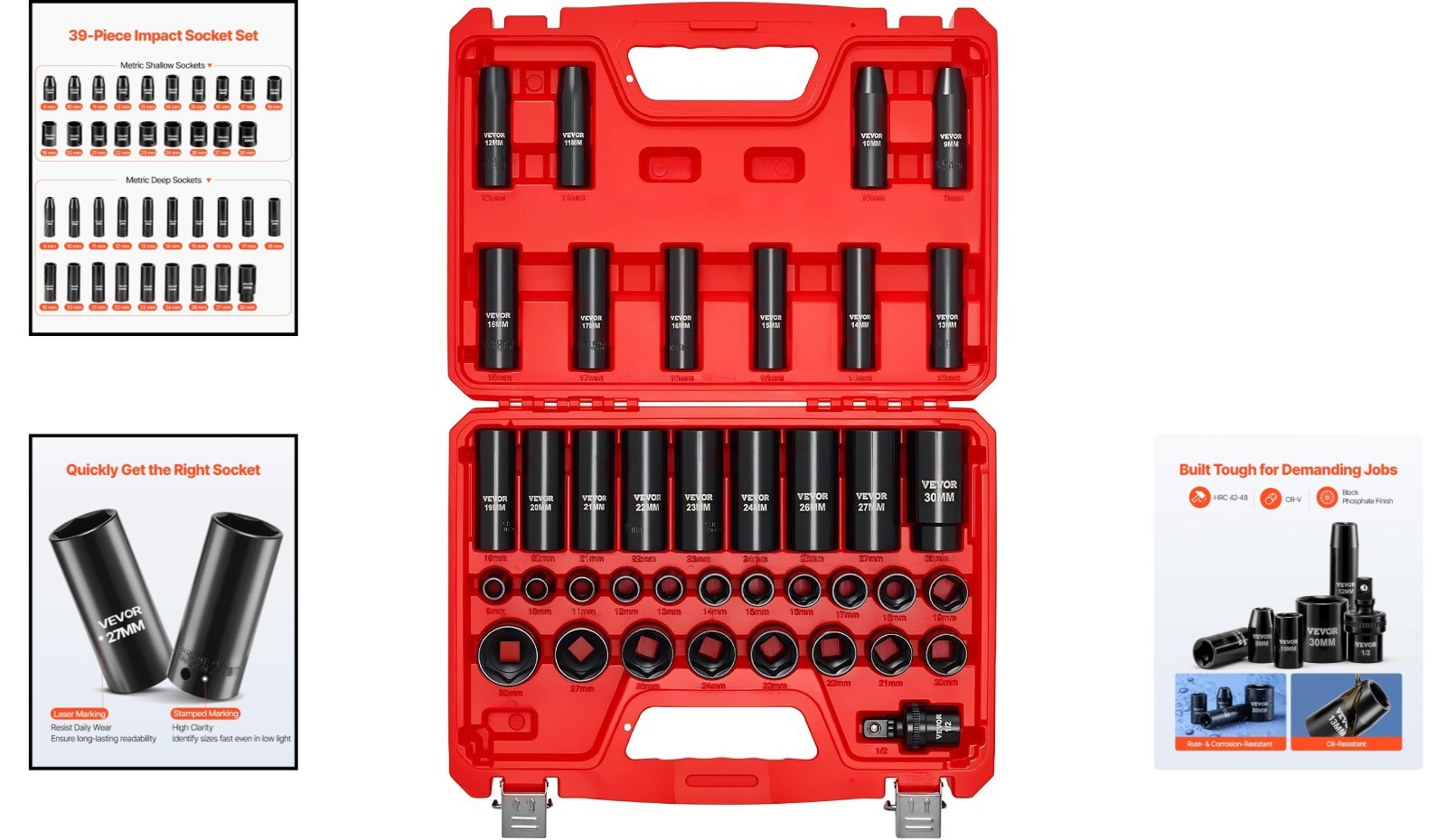 39-Piece Impact Socket Set 1/2″ Drive – Chrome Vanadium, Deep & Shallow Sockets