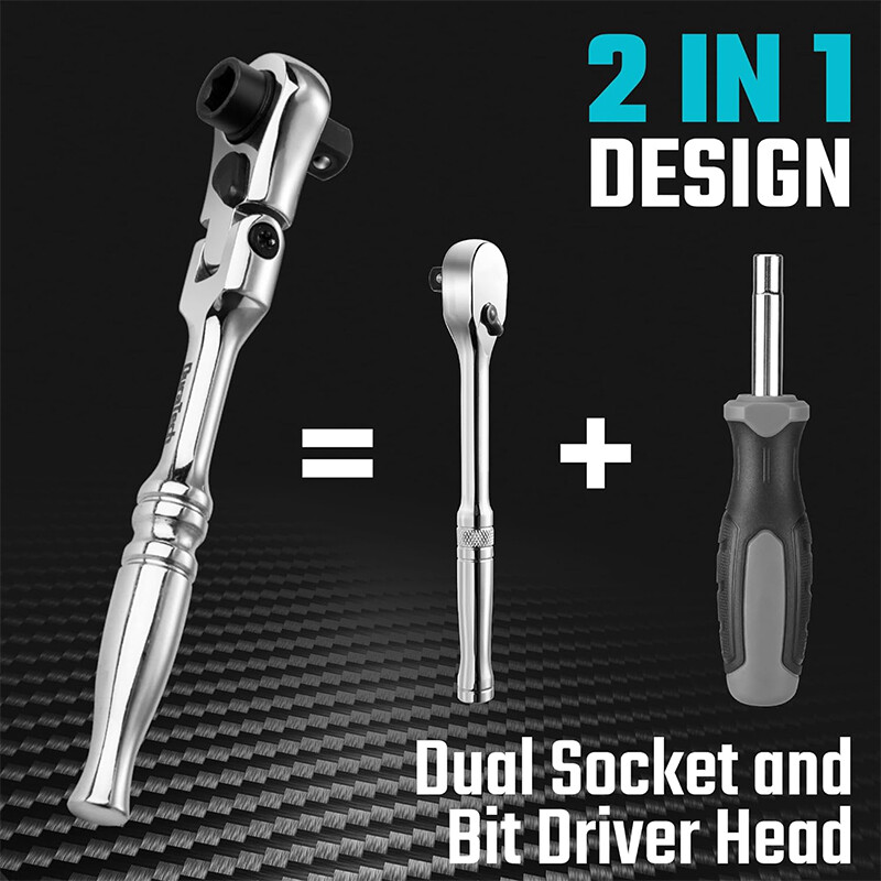 Ratchet Handle Socket Wrench 1/4″ Drive 72 Tooth Flexi Head Stubby 115mm Rounded