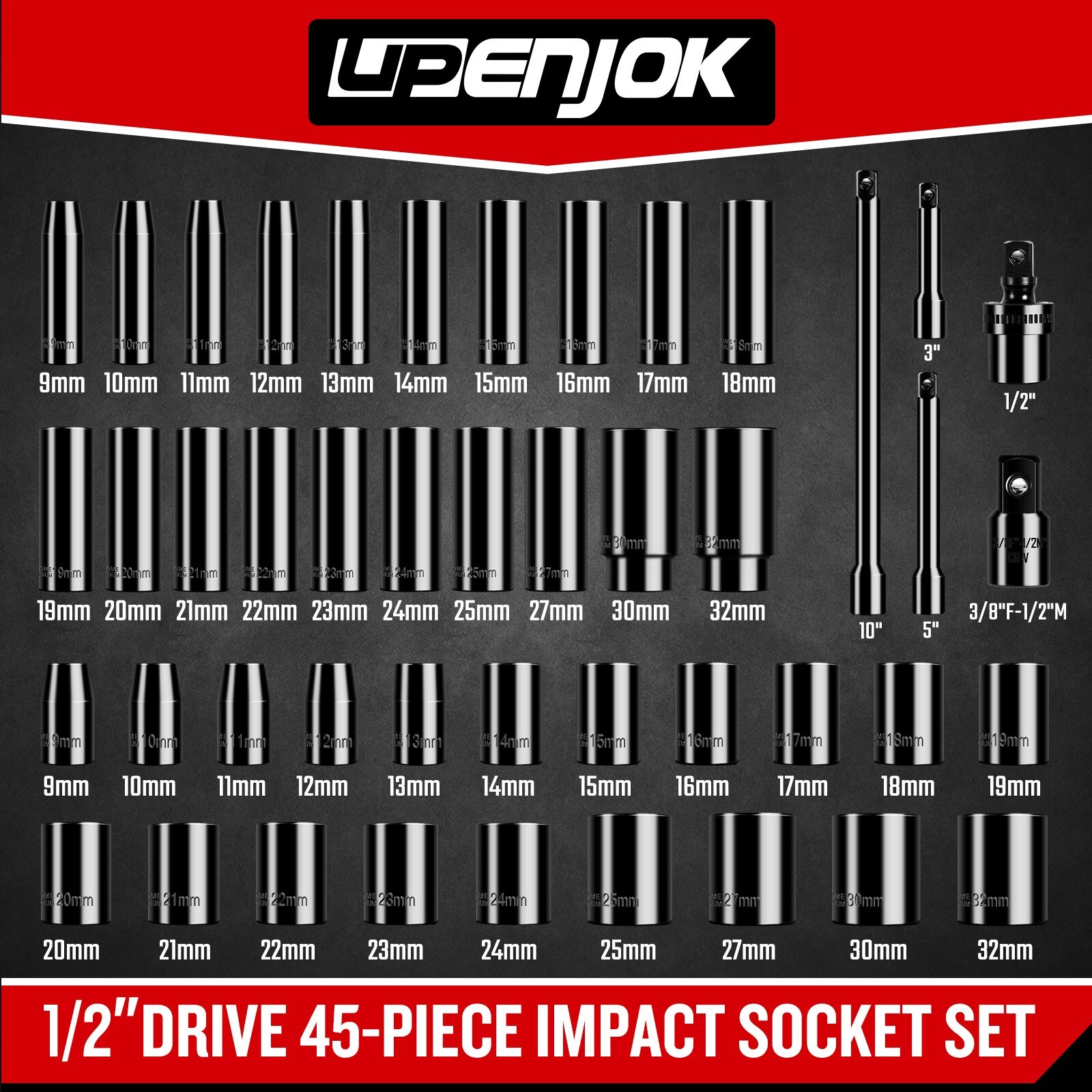 45 pcs 1/2″ Drive Metric Impact Socket Set, Deep & Shallow Socket Set 9-32mm