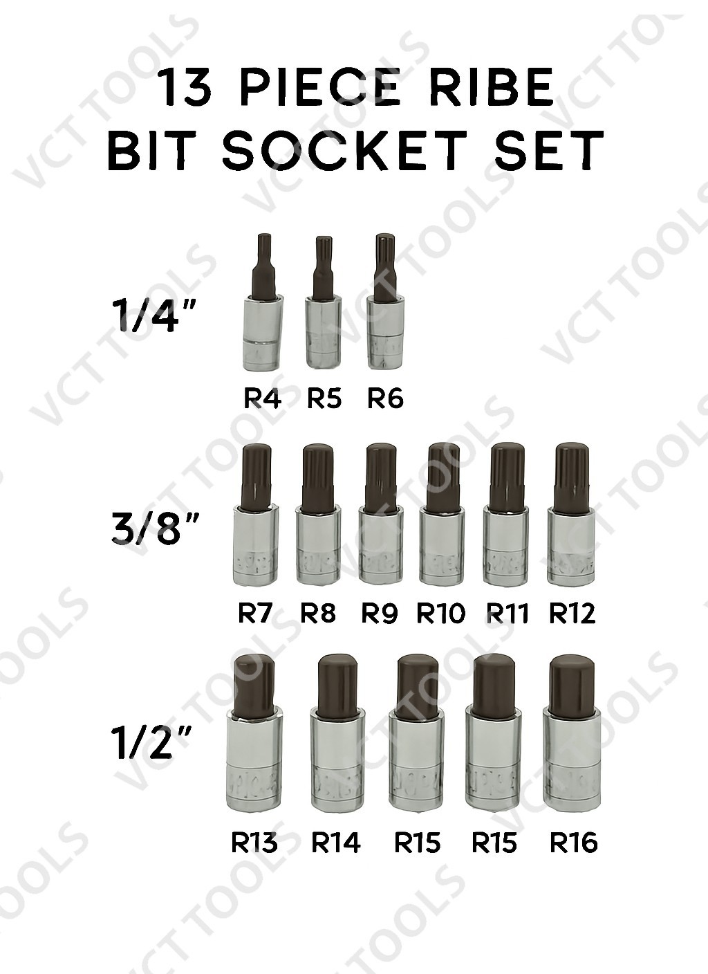 13pc Ribe Bit Socket Set – Cr-V Socket + S2 Steel Bit R4–R16 1/4″, 3/8″, 1/2″ Dr