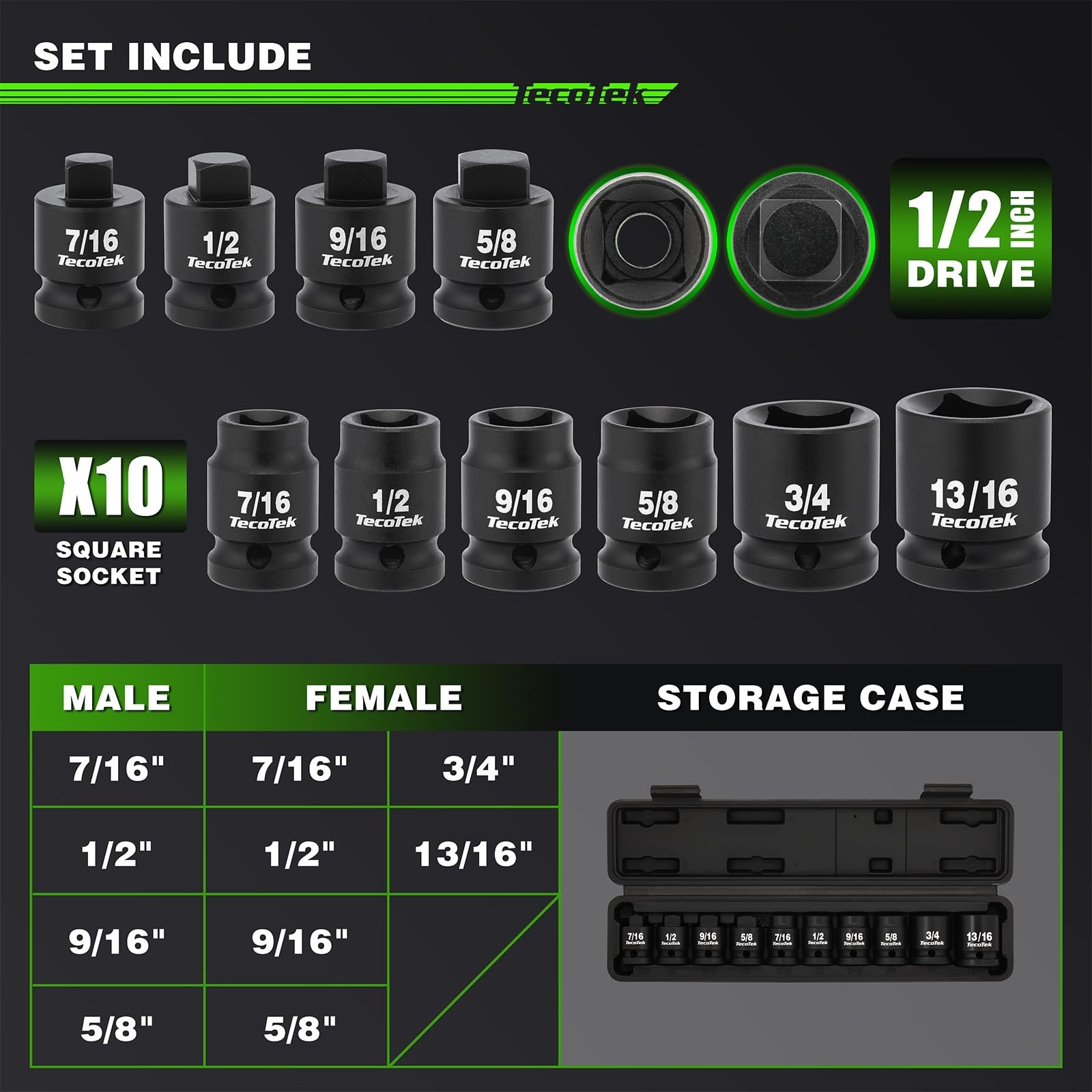10-Piece 1/2″ Drive Pipe Plug Socket Set, SAE 4-Point, CR-MO, Tapered & Chamfere