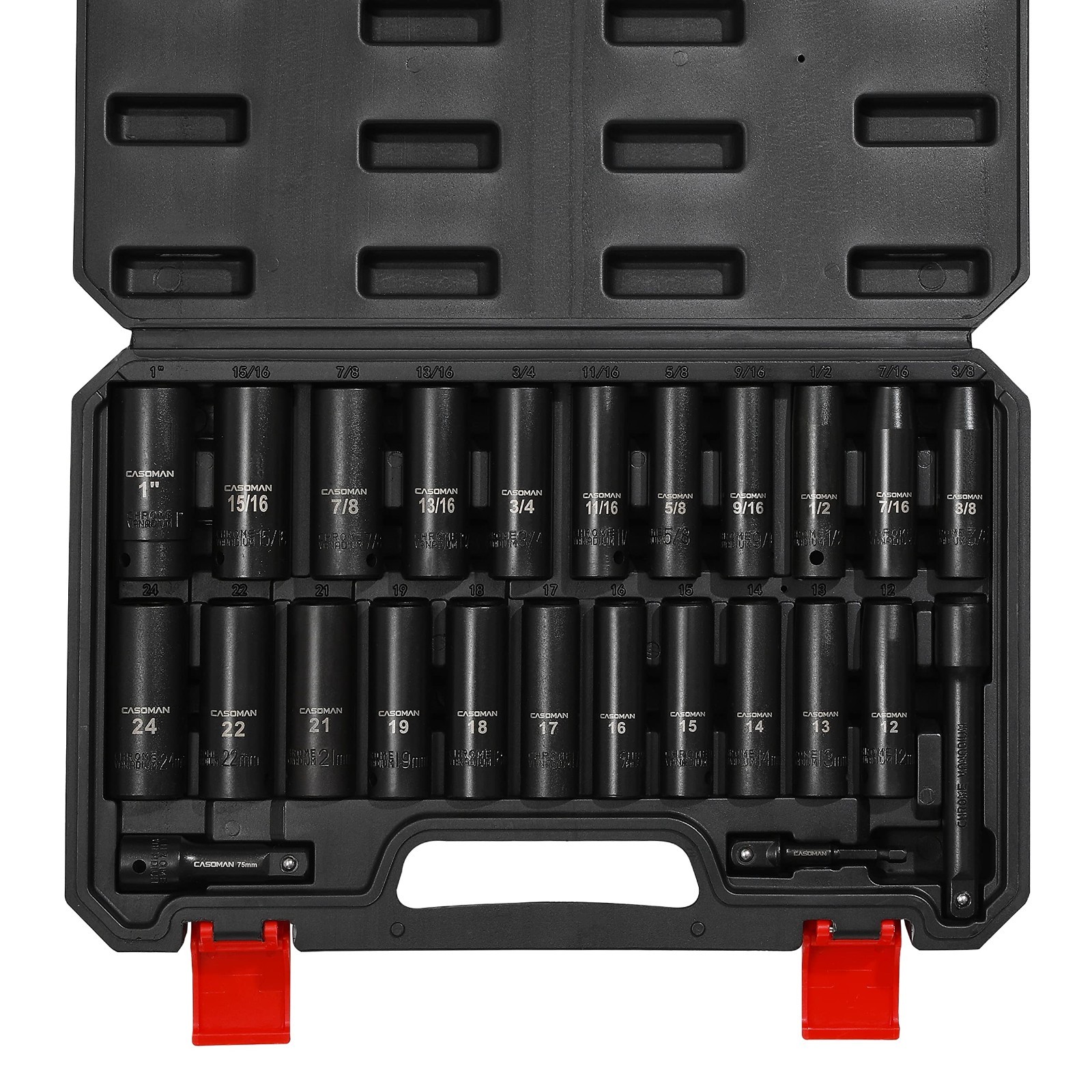 25PC 1/2″ Drive Impact Socket Set, Deep Cr-V Steel, 6 Point, Metric & SAE, 12-24