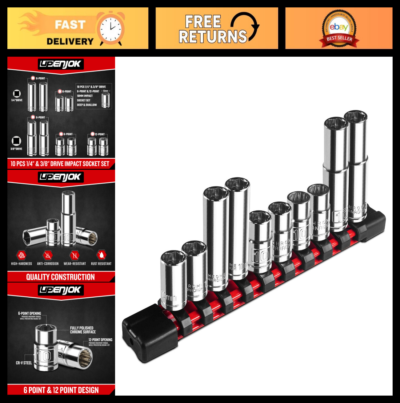 10-Piece 1/4″ & 3/8″ Drive Socket Set – 10mm Deep & Shallow, 6/12 Point, Cr-V St