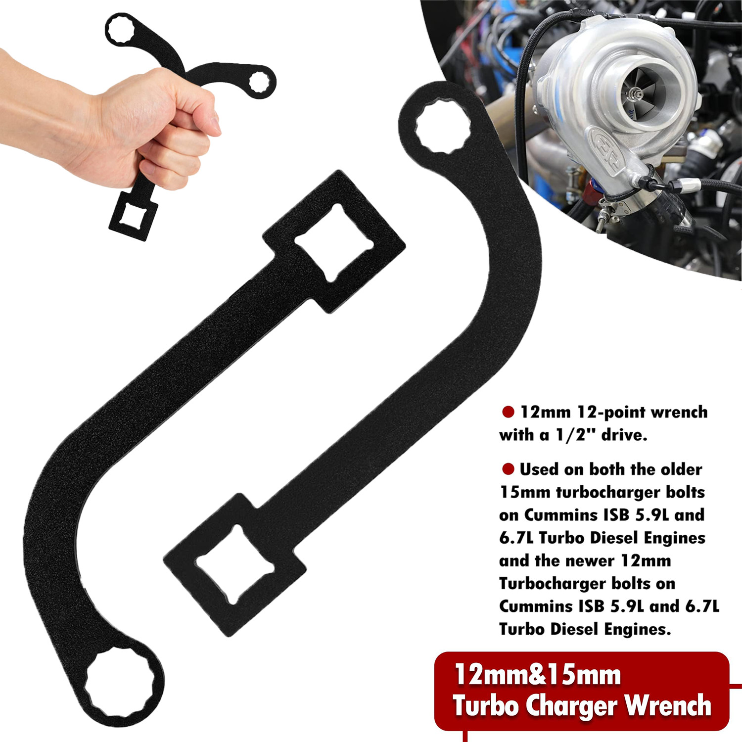 12MM & 15MM Turbo Charger Bolt Wrench with 1/2″ Drive for Cummins ISB 5.9L 6.7L