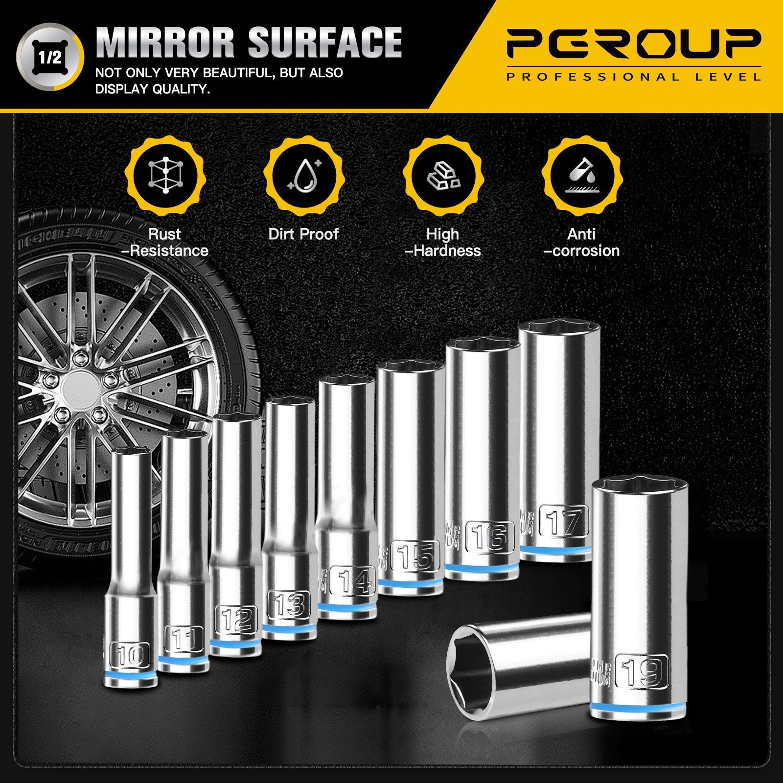 10PCS 1/2” Drive Deep Metric (10mm-19mm) Socket Set, 6-Point, Cr-V Steel
