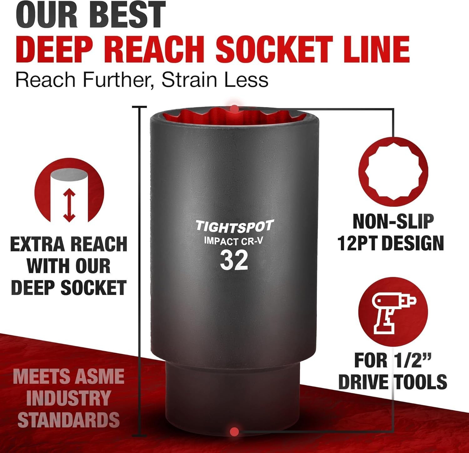 32mm Deep Impact Socket – 1/2 Inch Drive with Durable Manganese Phosphate Finish